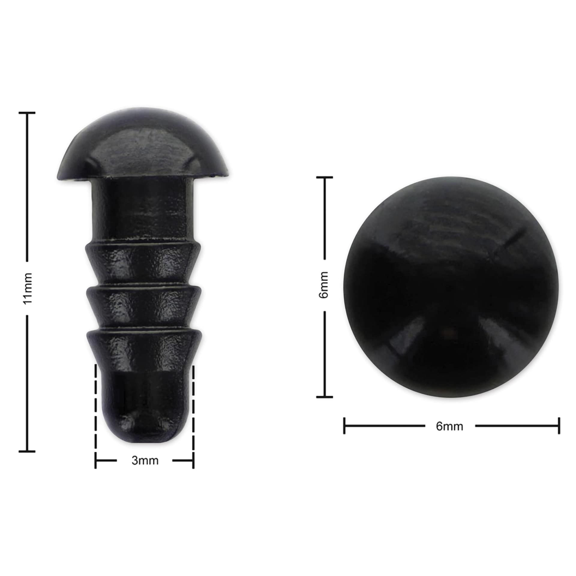 Essentials By Leisure Arts Craft Eyes w/ Washers - Black, 11 mm H x 3 mm W, 6 mm Dia. - dimensions