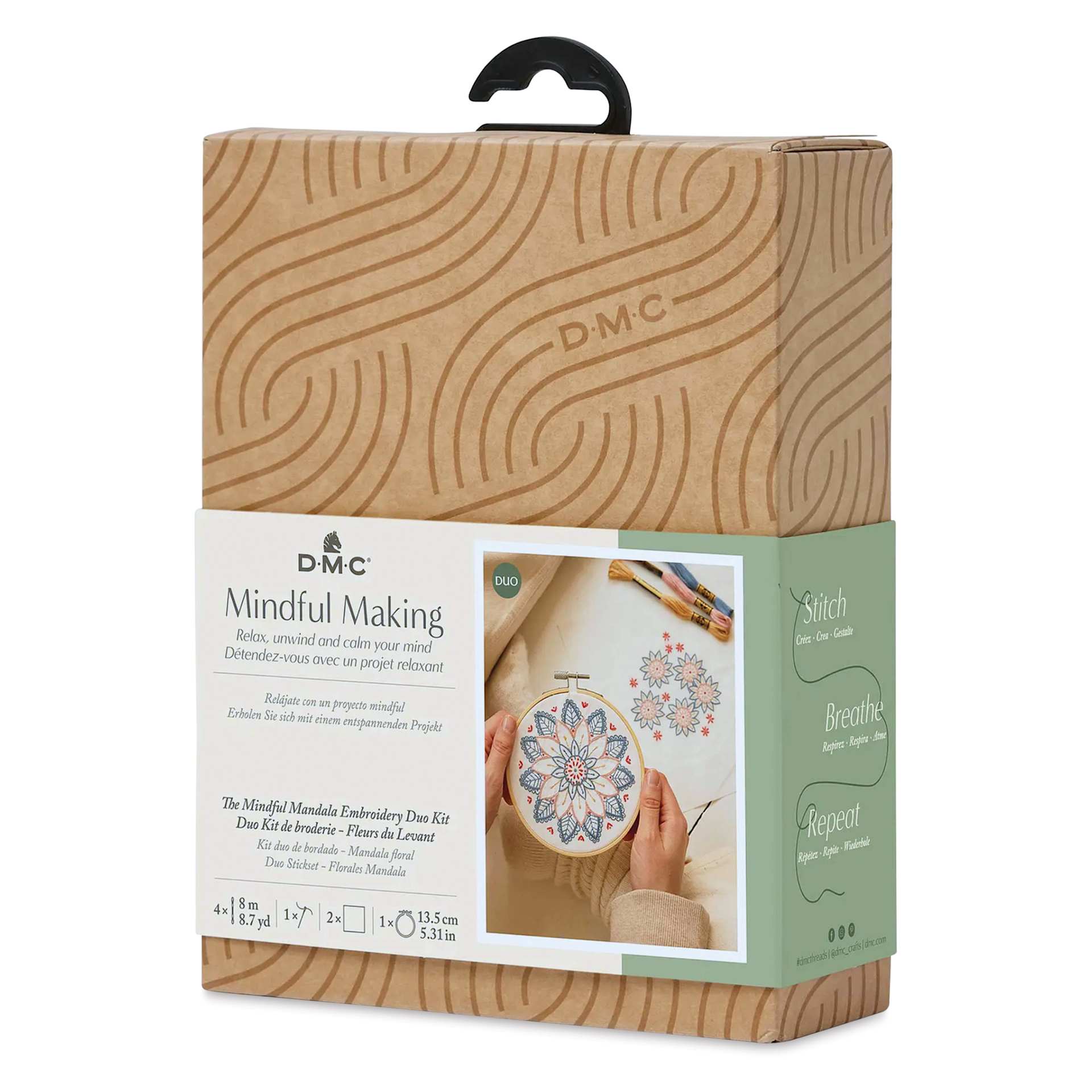 DMC Mindful Making Embroidery Duo Kit - Mandala - front of packaging, angled