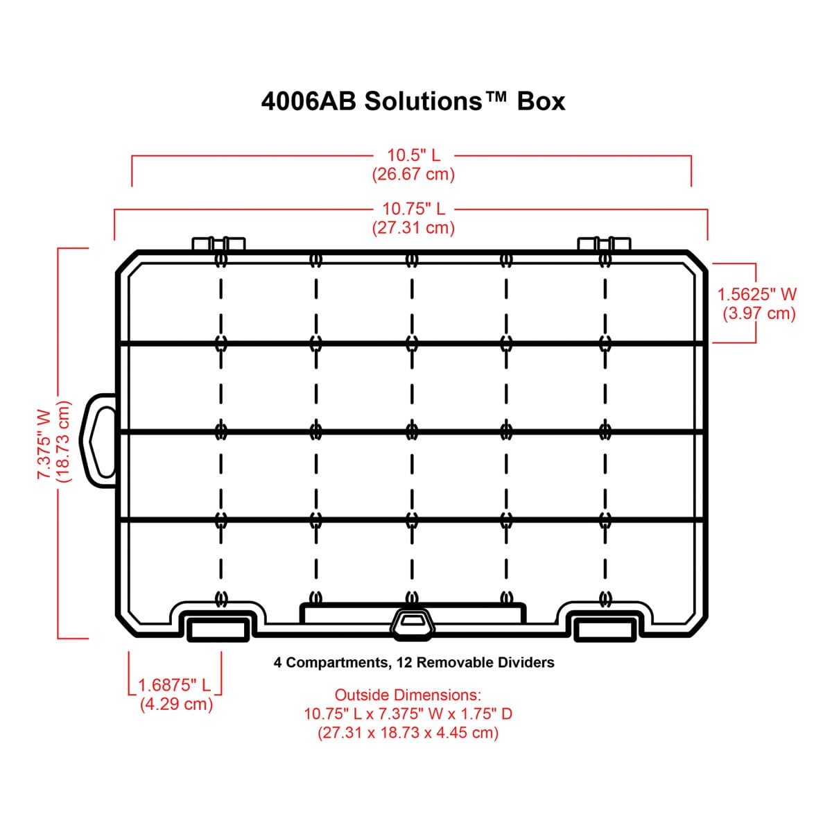 ArtBin Solutions Box - Four Compartments, Medium (illustration of box with corresponding dimensions)