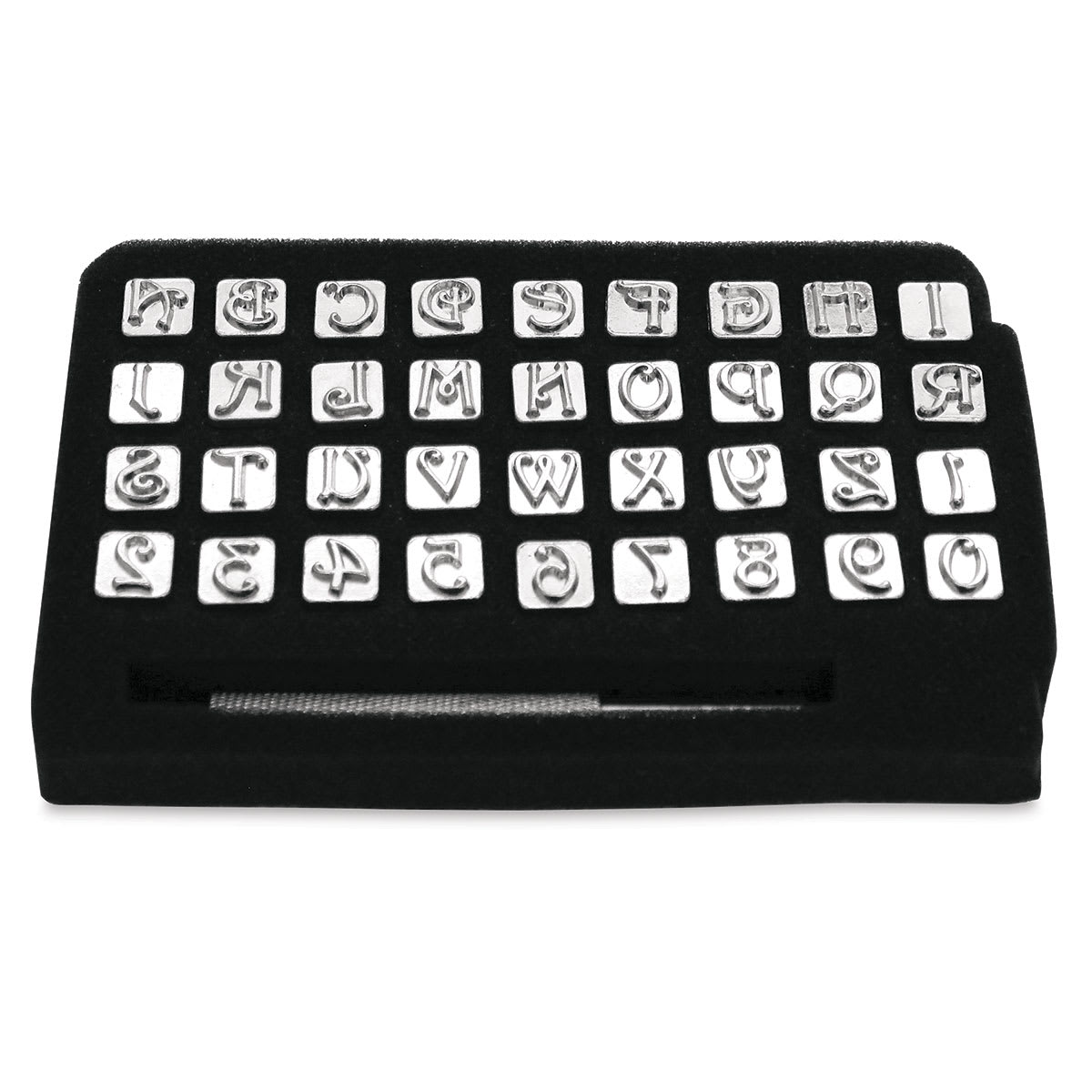 Realeather Leather Tooling Sets - Angled view of storage case holding letters and numbers
