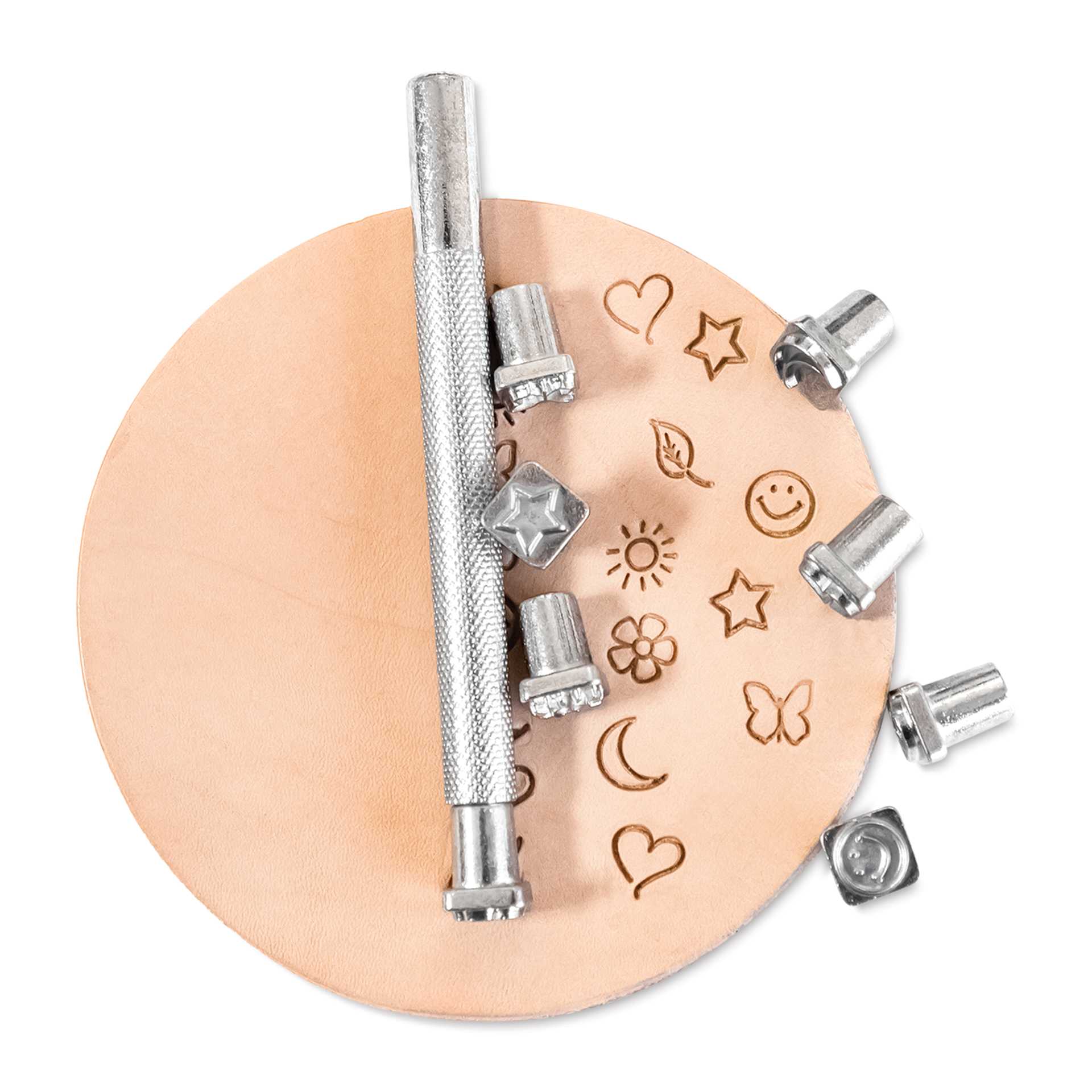 Realeather Funtime Stamp Tool Head Set with designs stamped on leather