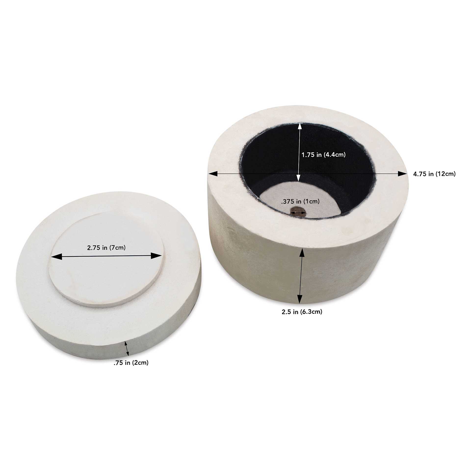 2.75 in (7 cm) internal platform diameter, 1.75 in (4.4 cm) inner chamber height, 0.375 in (1 cm) venting hole, 0.75 in (2 cm) platform height, 2.5 in (6.3 cm) lid height, 4.75 in (12 cm) outer diameter. 