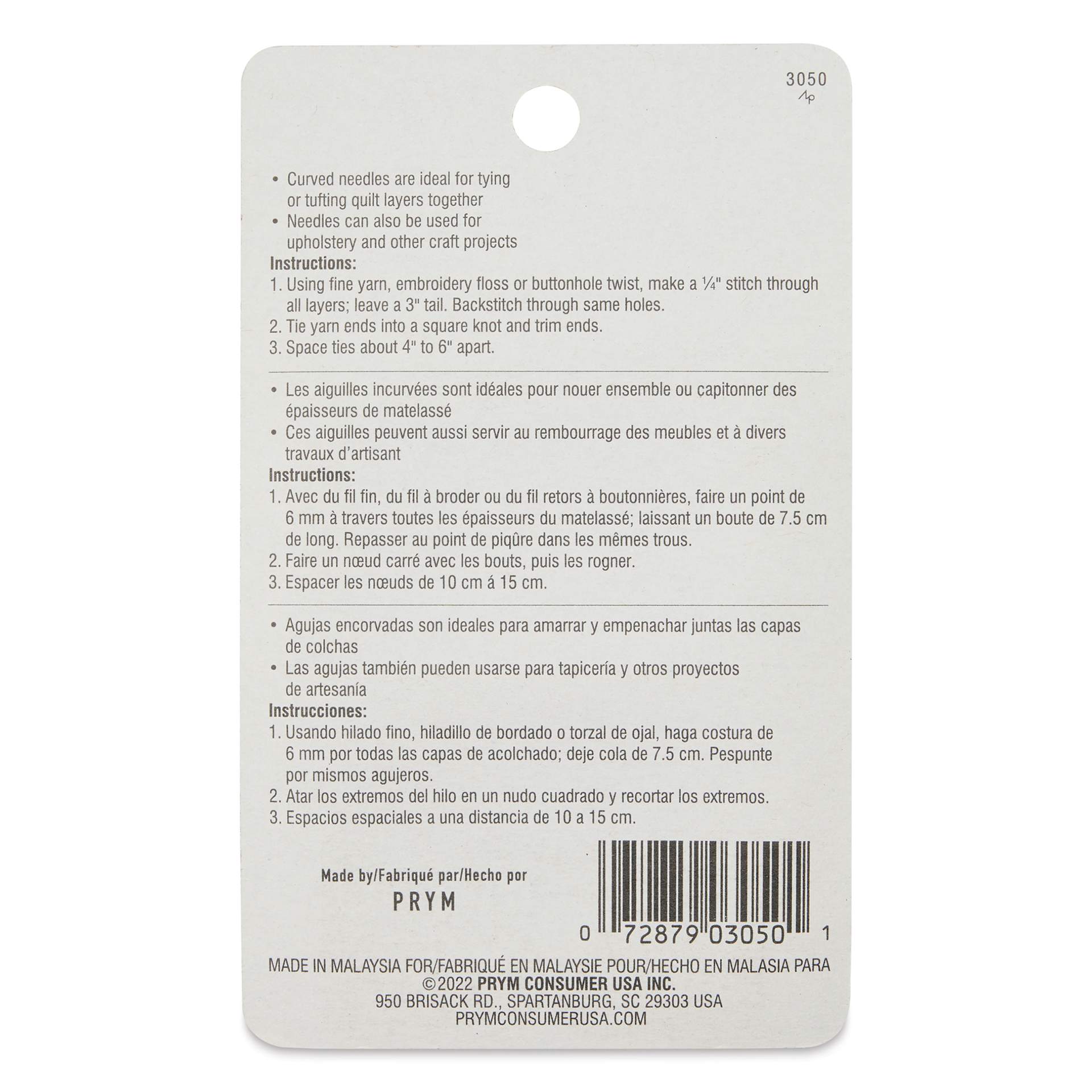 Dritz Quilting Curved Needles - Set of 4 - back of packaging