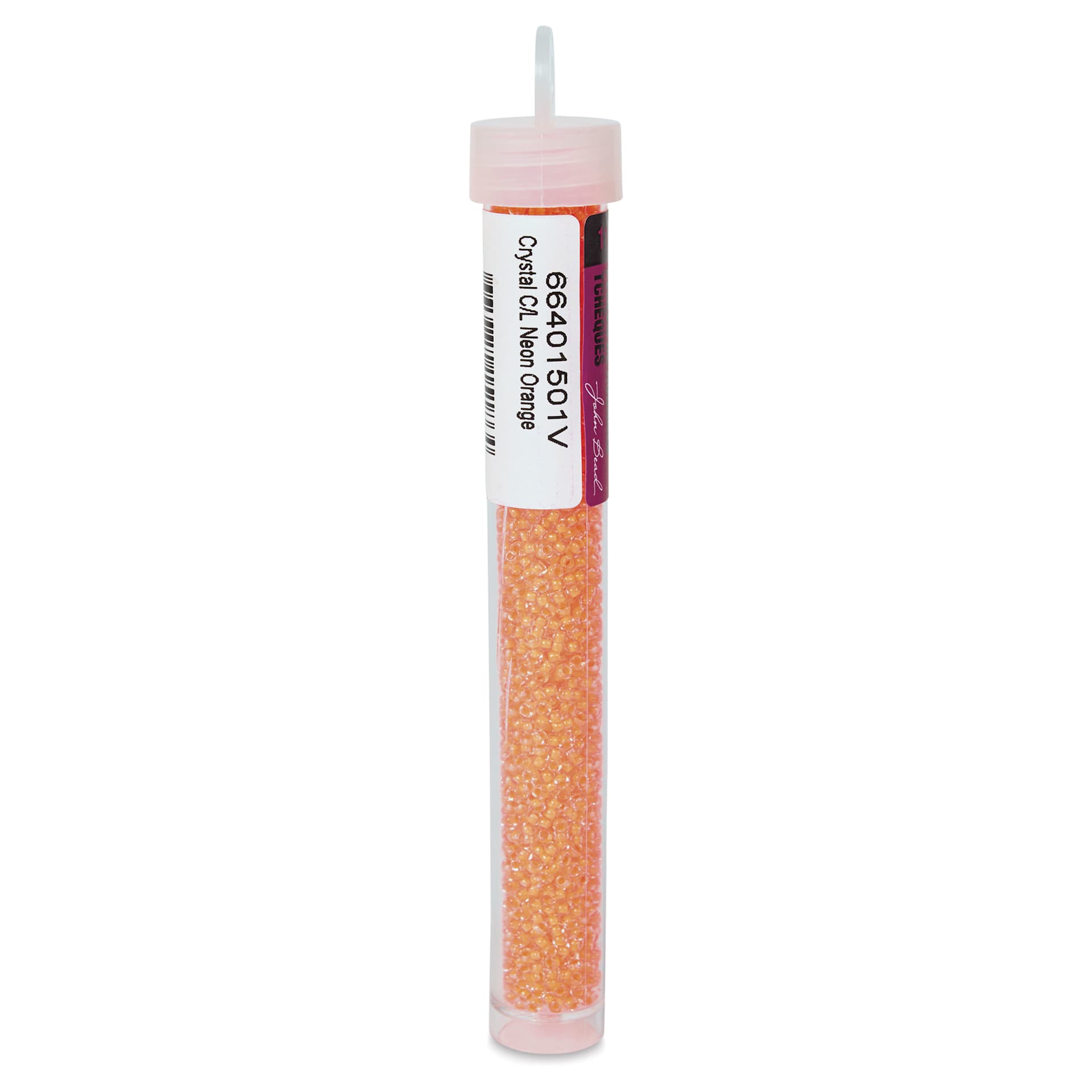 John Bead 11/0 Czech Glass Seed Beads - Neon Orange, Color Lined, 23 g vial - left side