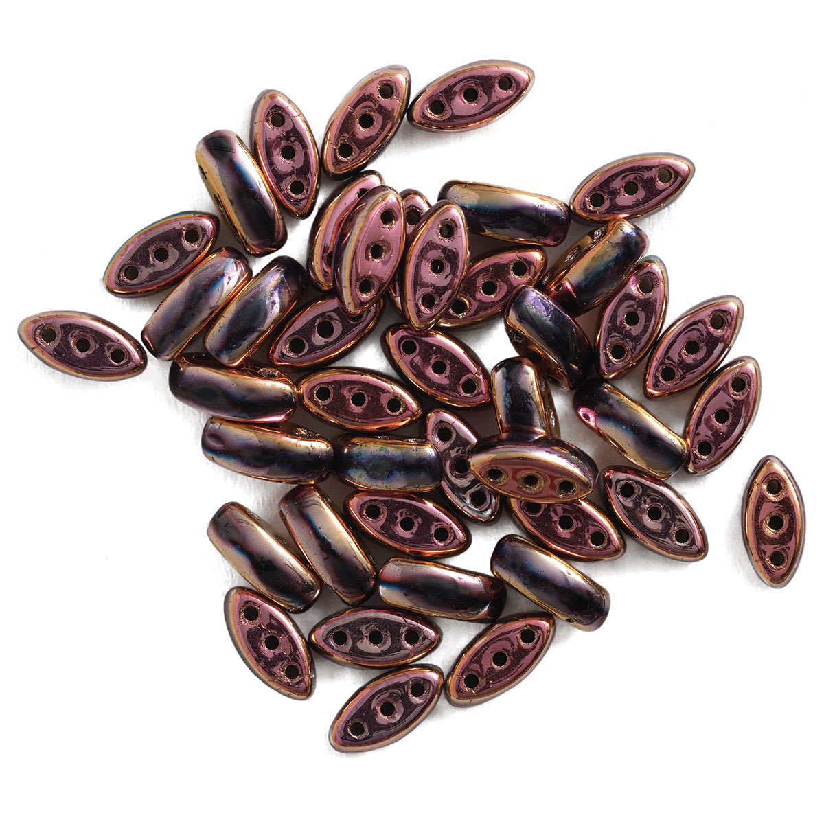 John Bead Czech Glass Cali Three-Hole Beads - Black and Rose beads in loose pile