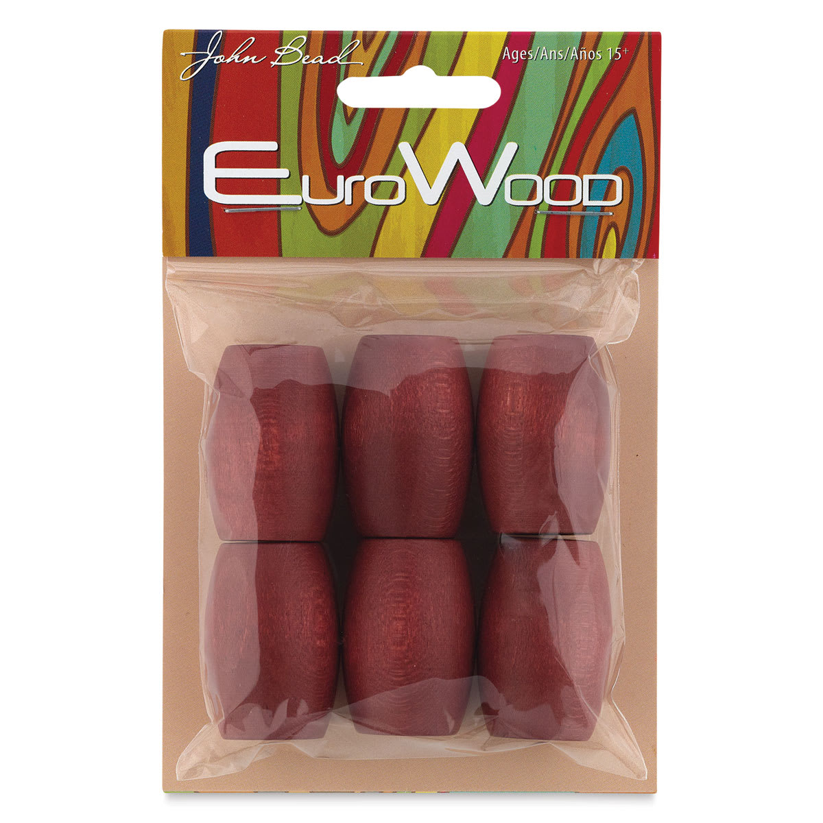 John Bead Euro Wood Beads - Mahogany, Oval, Large Hole, 22 mm x 33 mm, Pkg of 6 - front of packaging