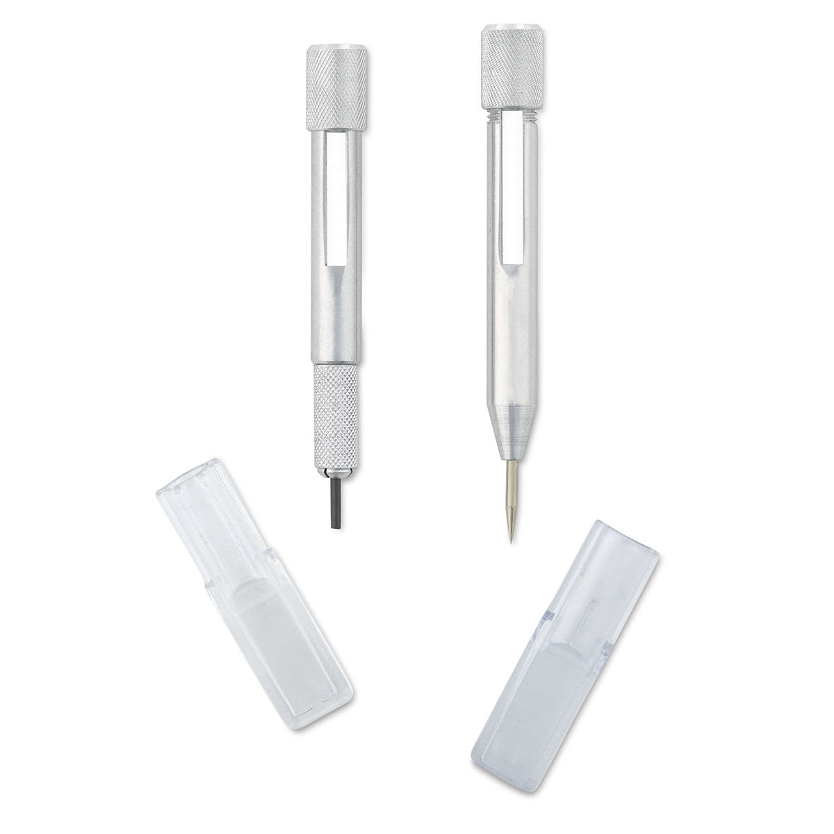 Excel Blades Yardstick Compass - Pin post and lead point shown upright with caps adjacent