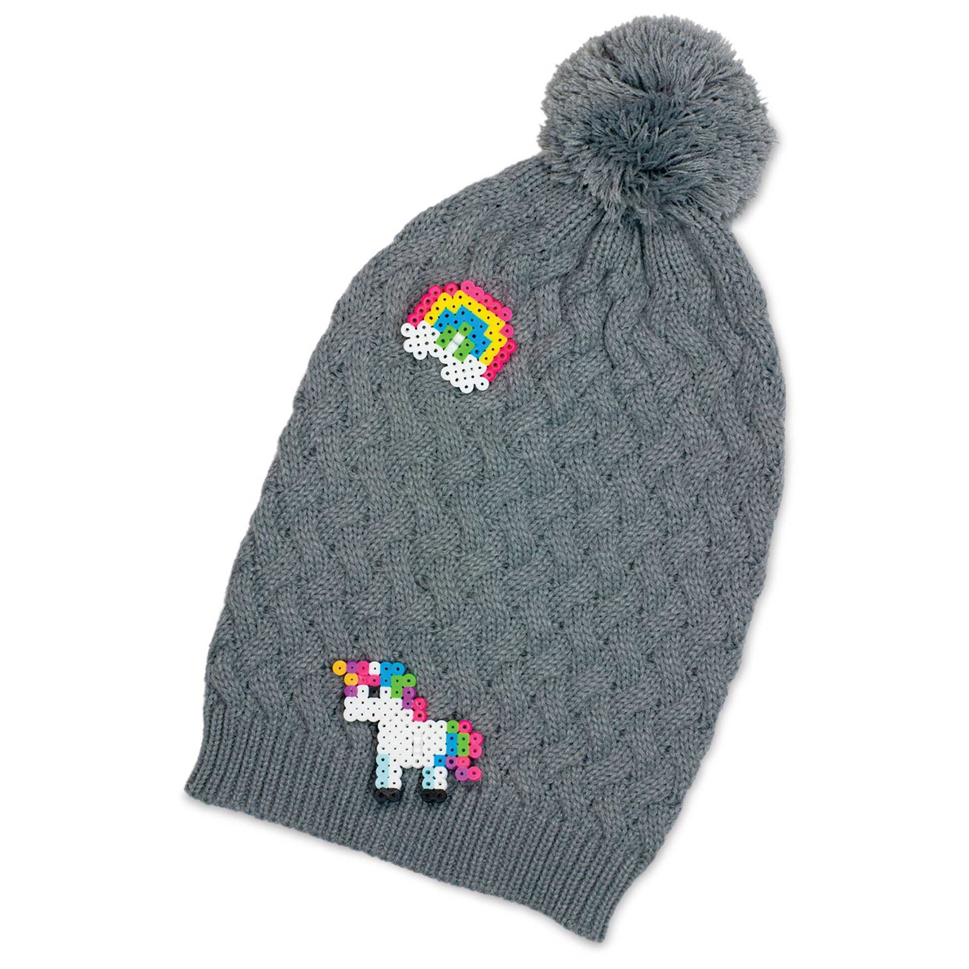 Perler Fun with Beads Fused Bead Kit, finished designs pinned on beanie