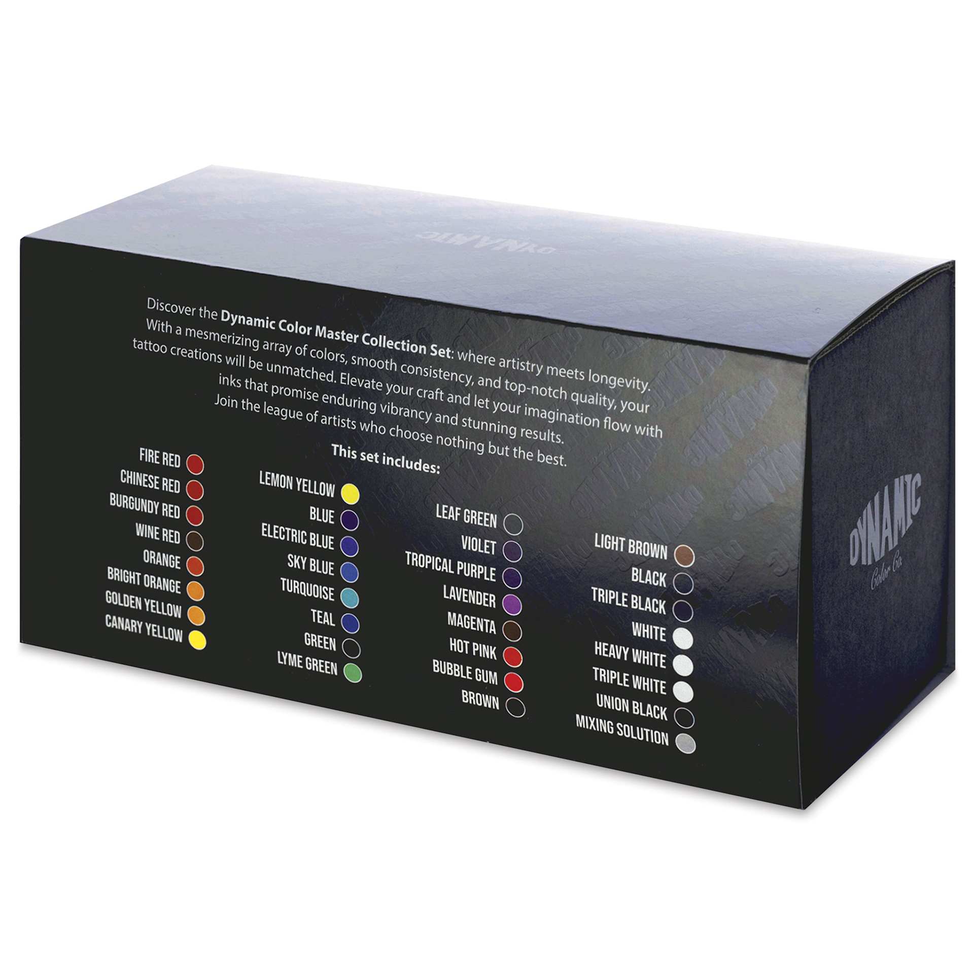 Dynamic Color Tattoo Ink - Set of 31, Master Collection, 1 oz bottles, back of packaging