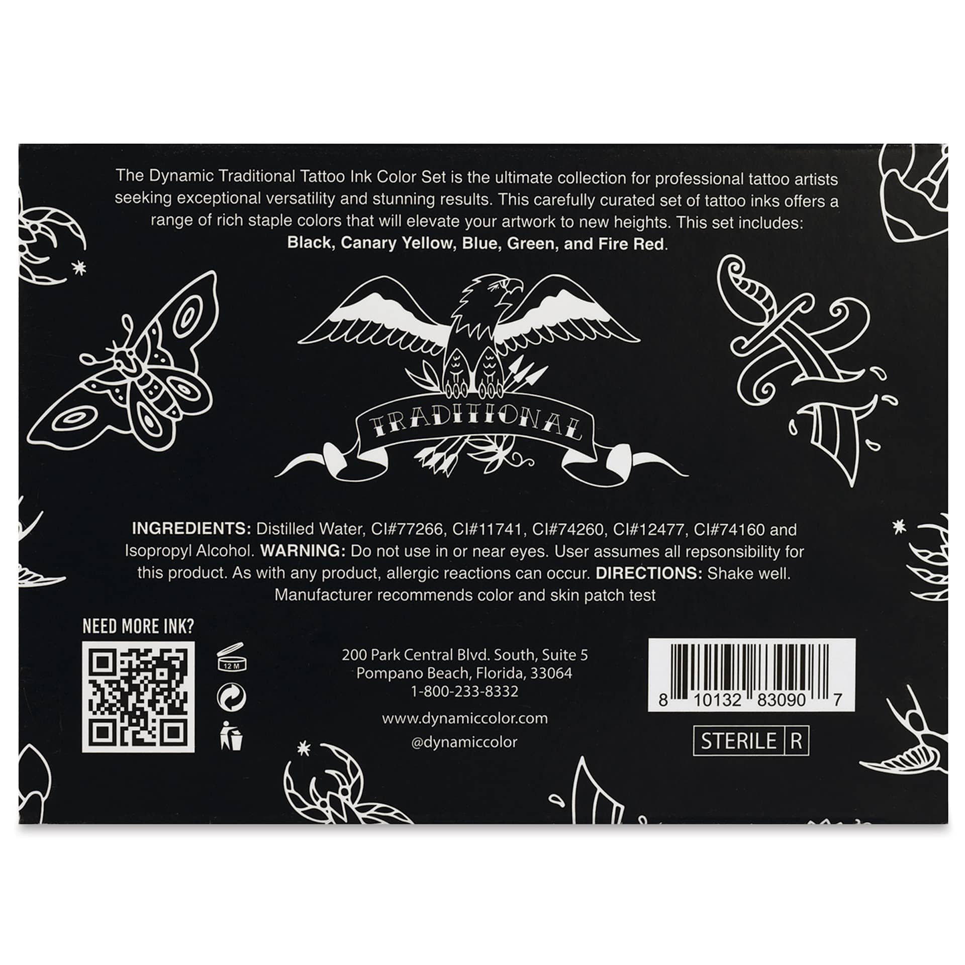 Dynamic Color Tattoo Ink - Set of 5, Traditional Set, 1 oz bottles, back of packaging