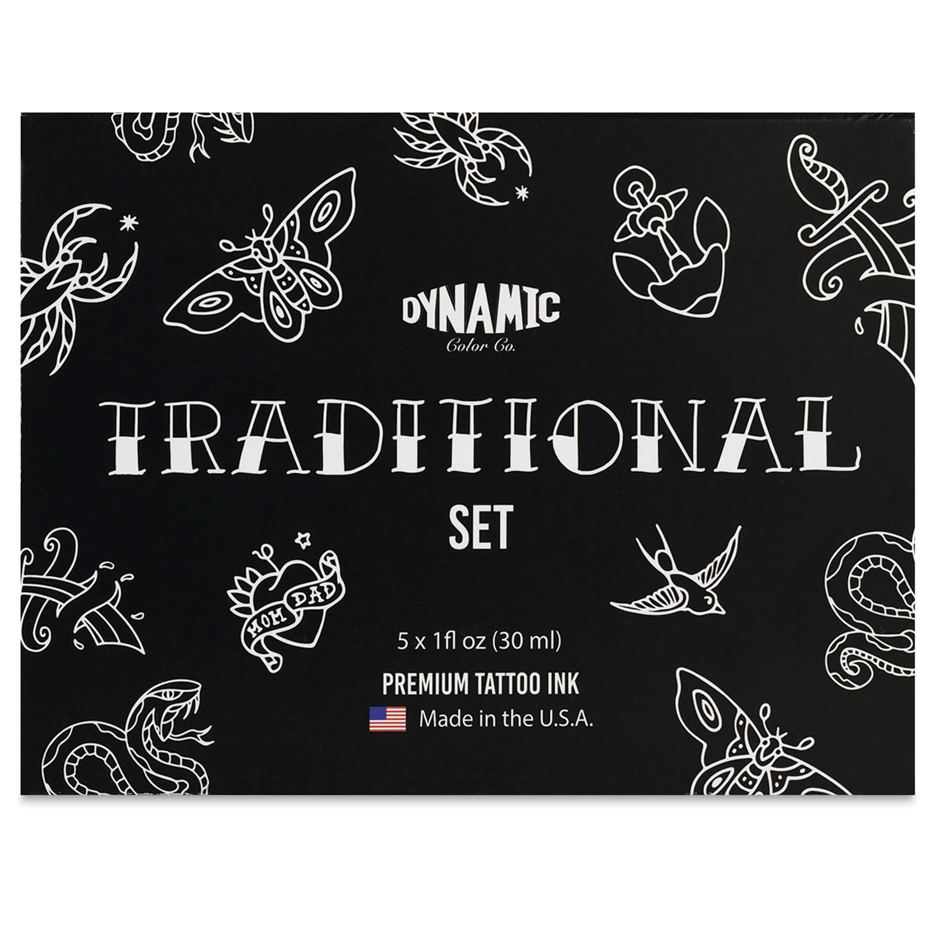 Dynamic Color Tattoo Ink - Set of 5, Traditional Set, 1 oz bottles, front of packaging