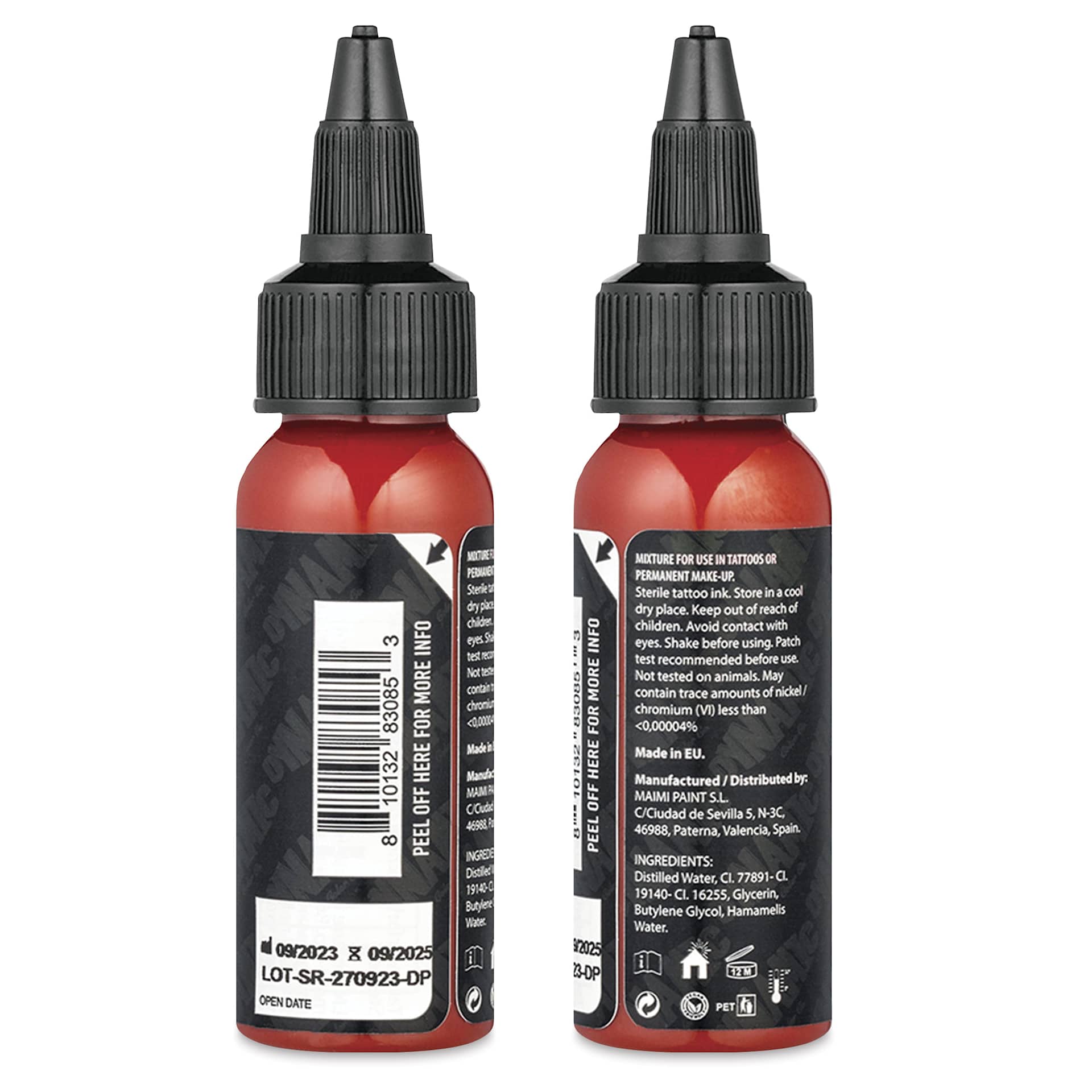 Dynamic Color Tattoo Ink - Scarlet Red, 1 oz bottle, sides of bottle