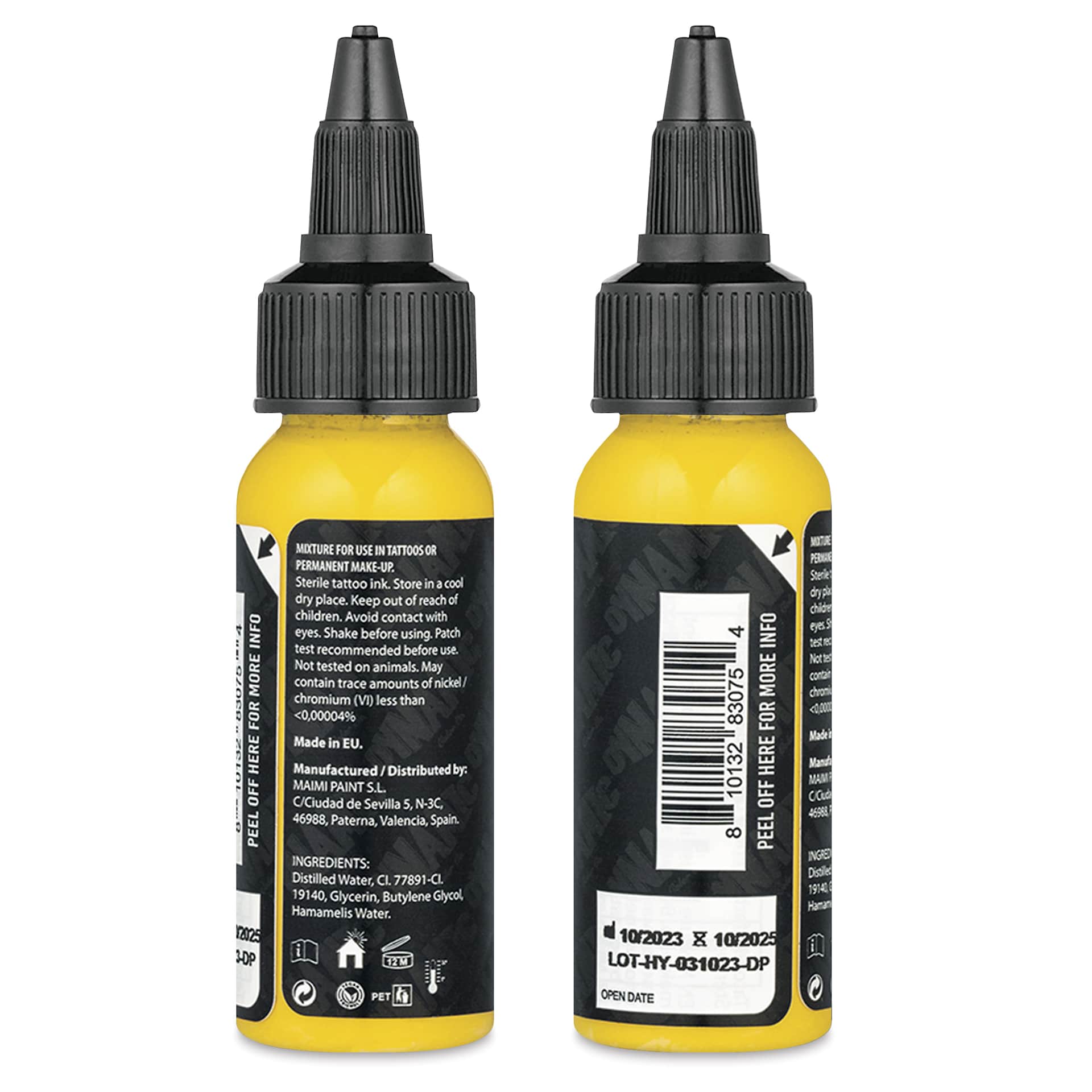 Dynamic Color Tattoo Ink - Highlighter Yellow, 1 oz bottle, sides of bottle