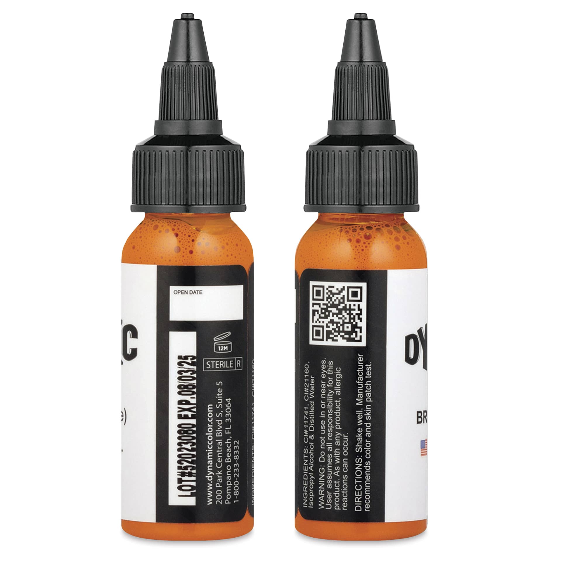 Dynamic Color Tattoo Ink - Bright Orange, 1 oz bottle, sides of bottle