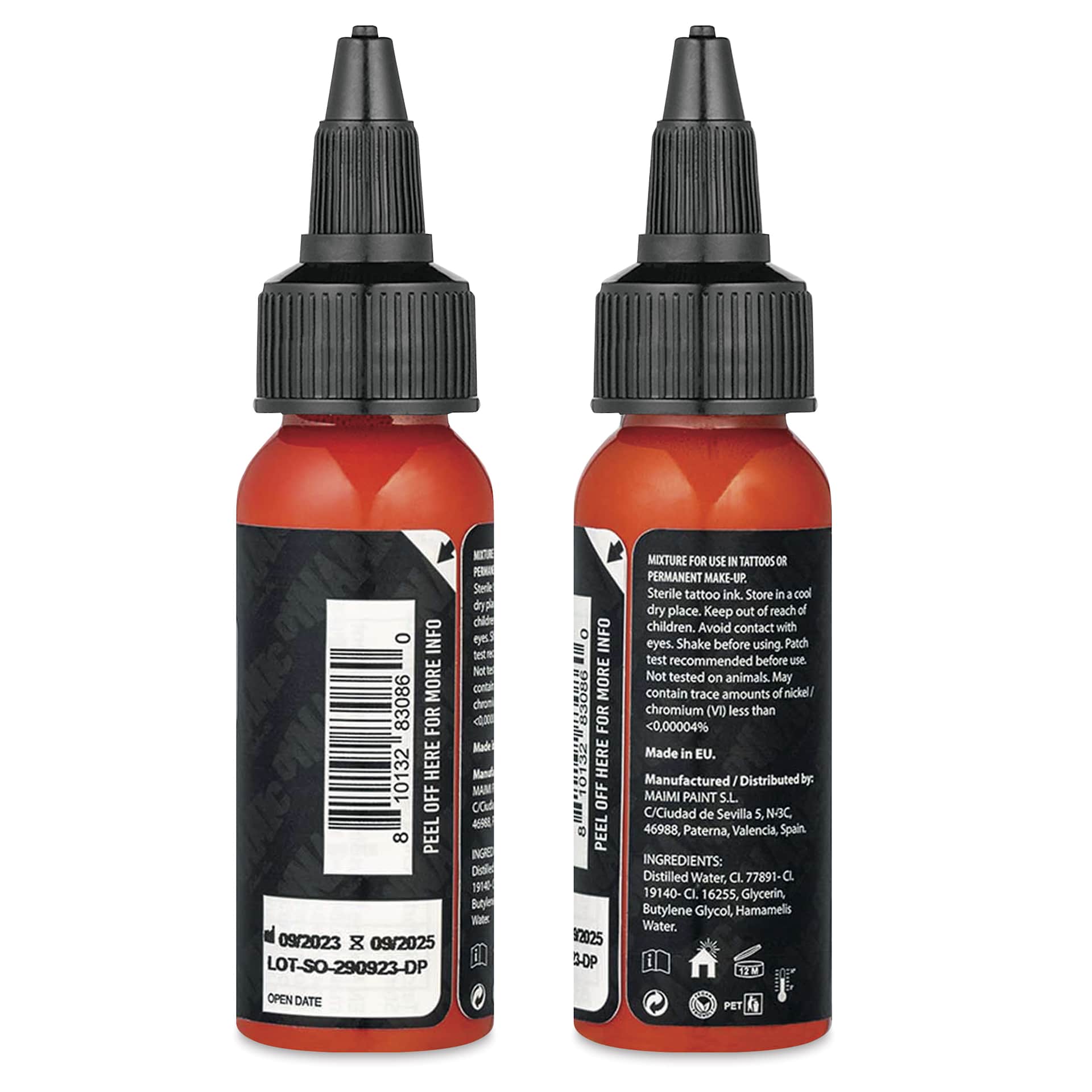 Dynamic Color Tattoo Ink - Sedona Orange, 1 oz bottle, sides of bottle