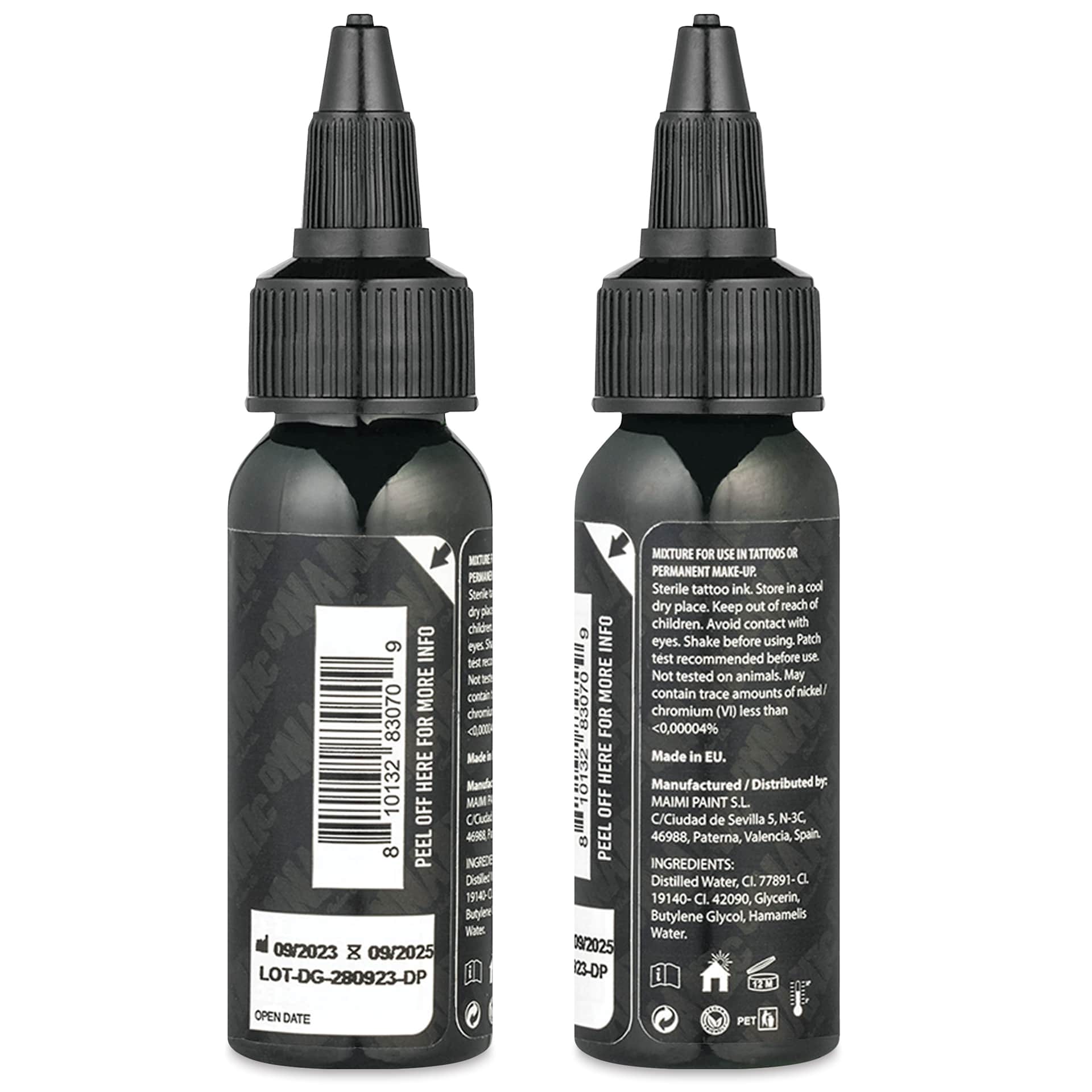 Dynamic Color Tattoo Ink - Dark Green, 1 oz bottle, sides of bottle
