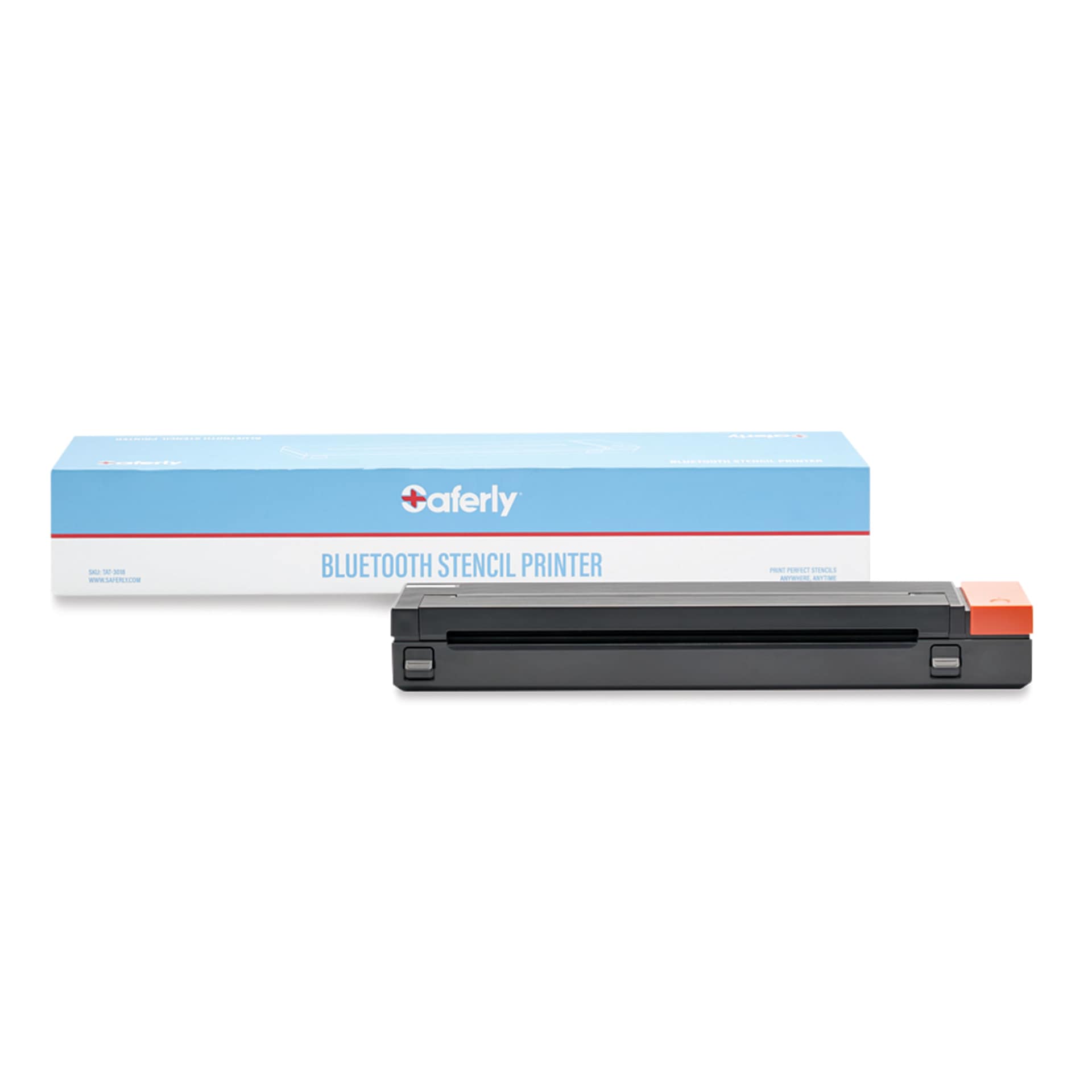 Saferly Bluetooth Stencil Printer, printer next to packaging