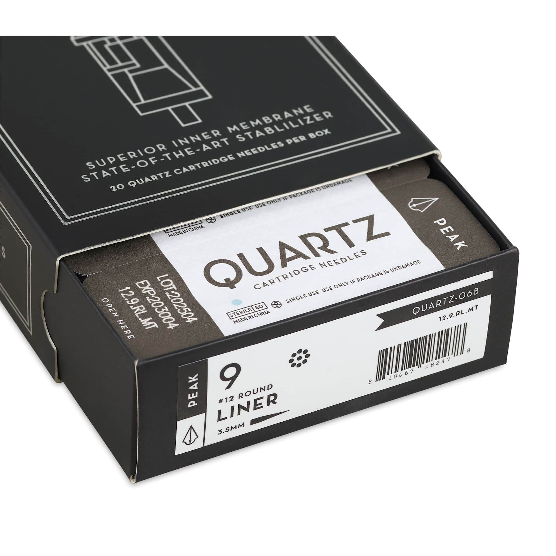 Peak Quartz Round Liner Medium Taper Tattoo Needle Cartridges - #12, 9 Needles, Pkg of 20, open packaging