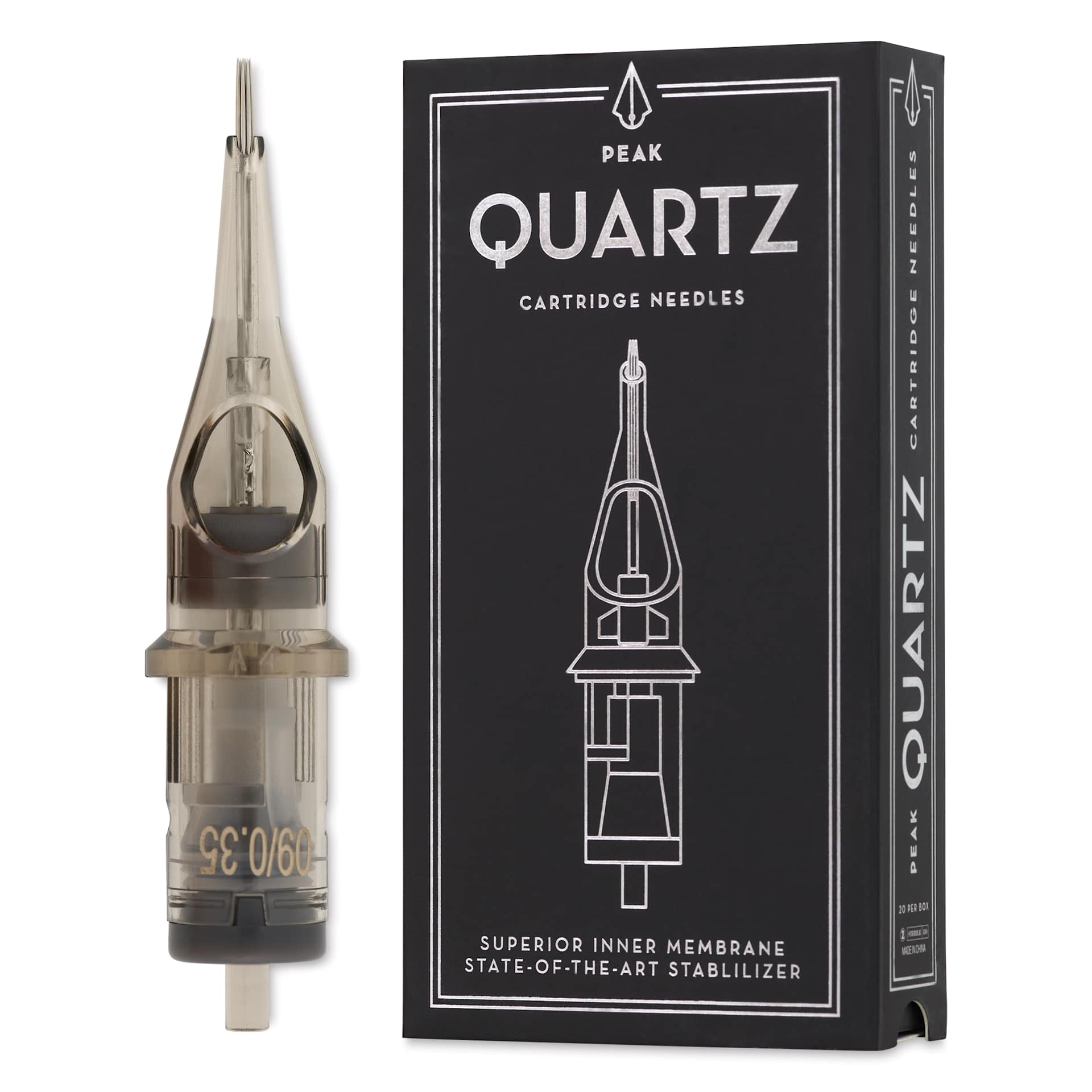 Peak Quartz Round Liner Medium Taper Tattoo Needle Cartridges - #12, 9 Needles, Pkg of 20, needle and packaging