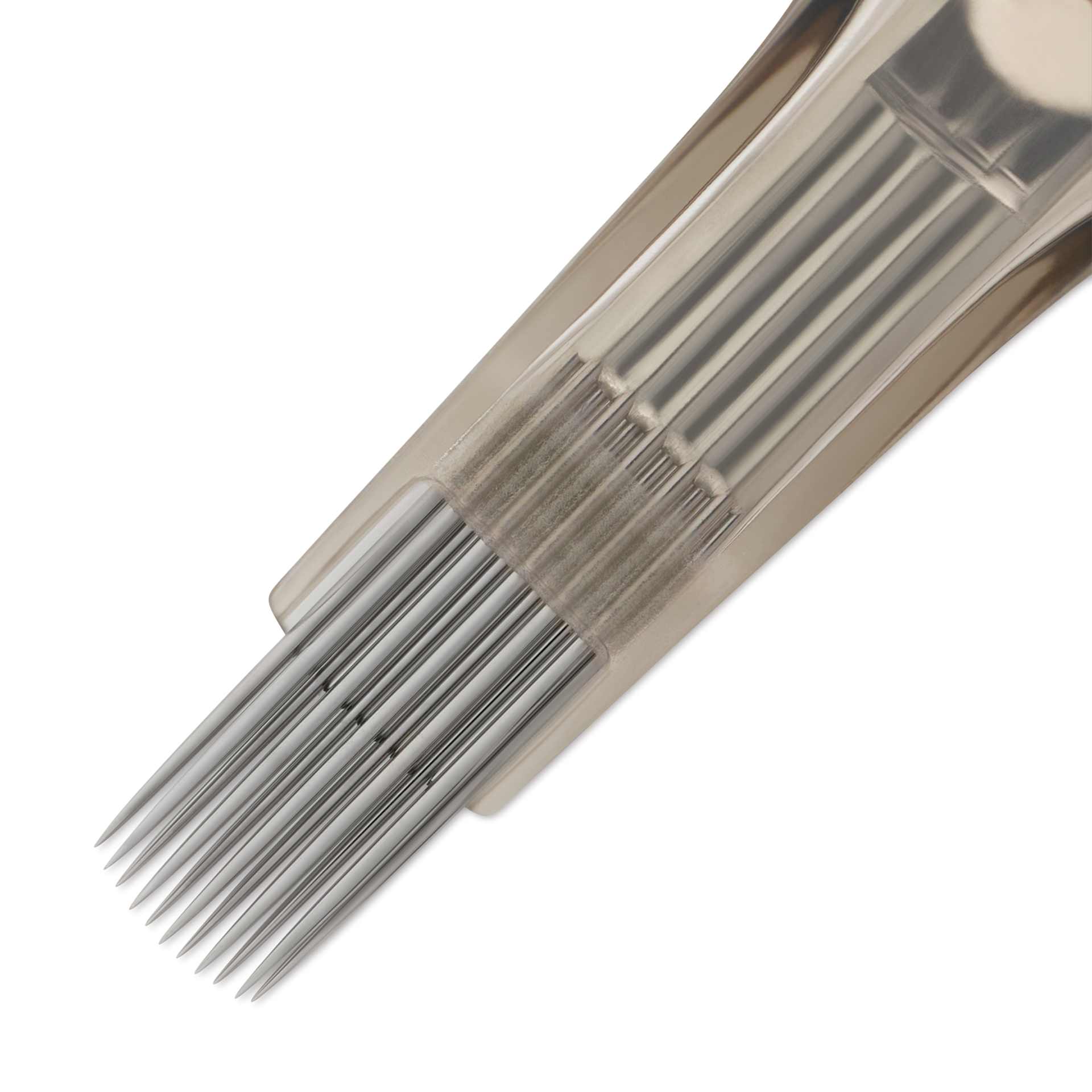 Peak Quartz Curved Magnum Medium Taper Tattoo Needle Cartridges - #12, 11 Needles, Pkg of 20, close-up of needle