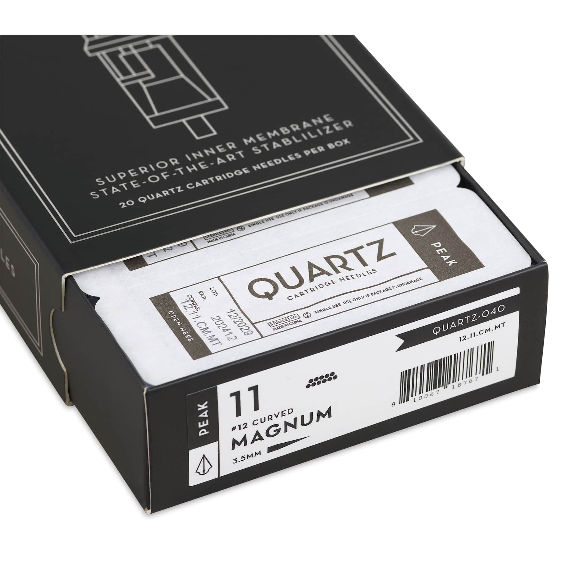 Peak Quartz Curved Magnum Medium Taper Tattoo Needle Cartridges - #12, 11 Needles, Pkg of 20, open packaging