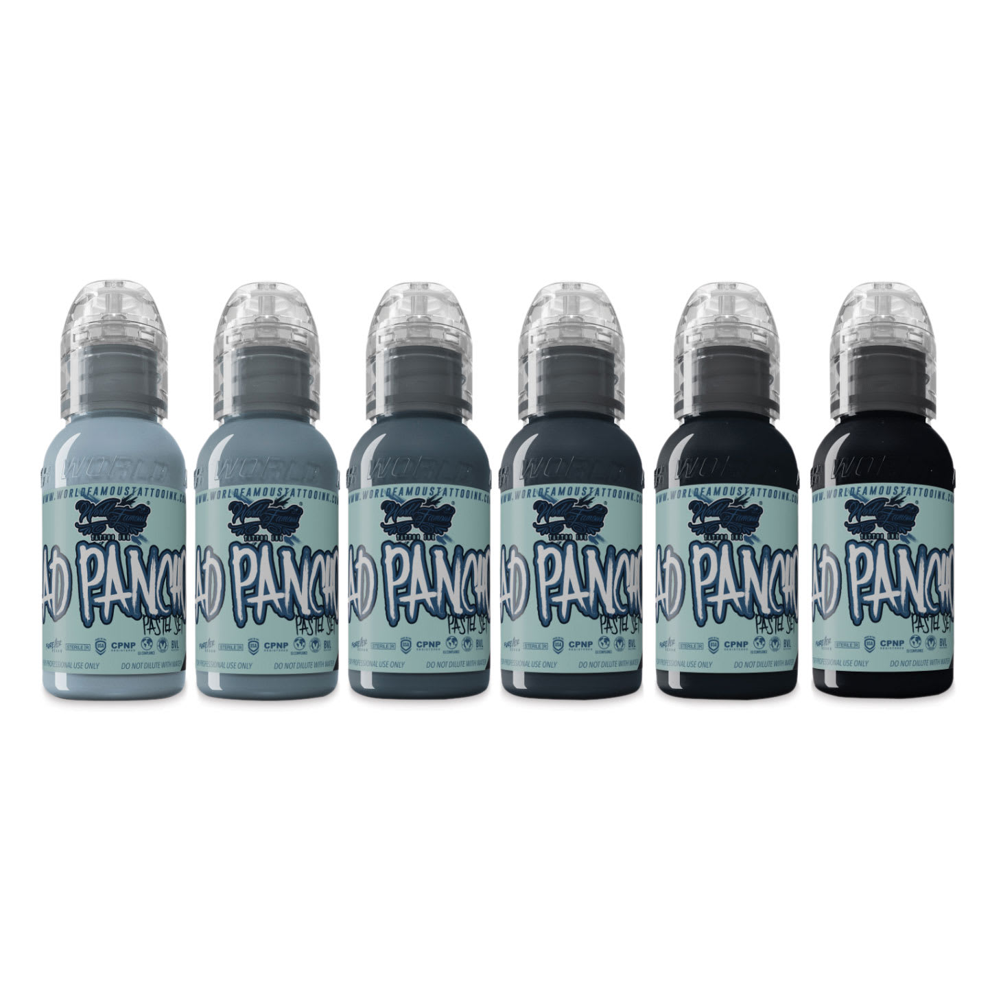 World Famous Tattoo Inks and Sets - A.D. Pancho Pastel Grey, Set of 6, 1 oz bottles