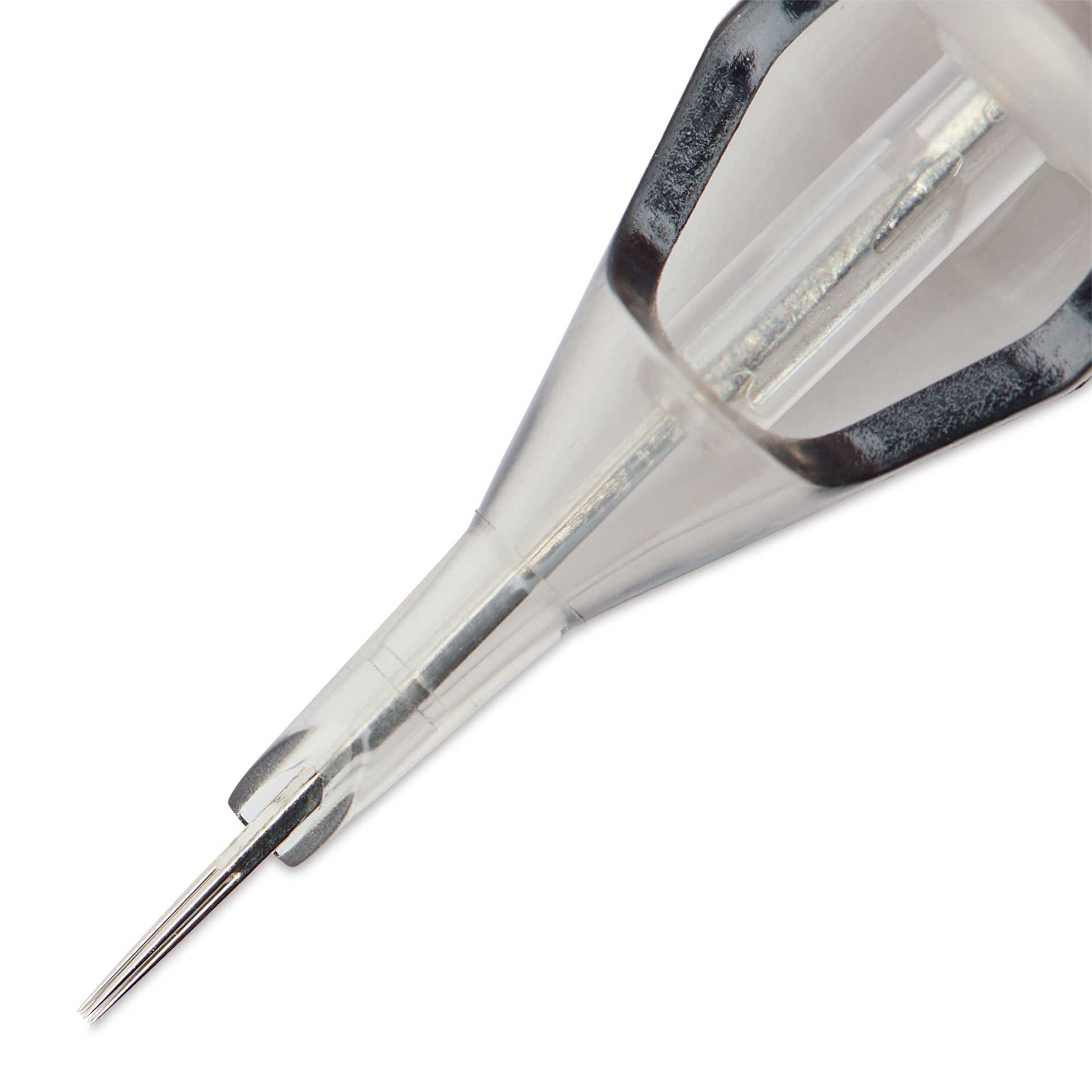 TatSoul Envy Standard Round Liner Long Taper Tattoo Needle Cartridge - #12, 5 Needles, Pkg of 10, close-up of needle