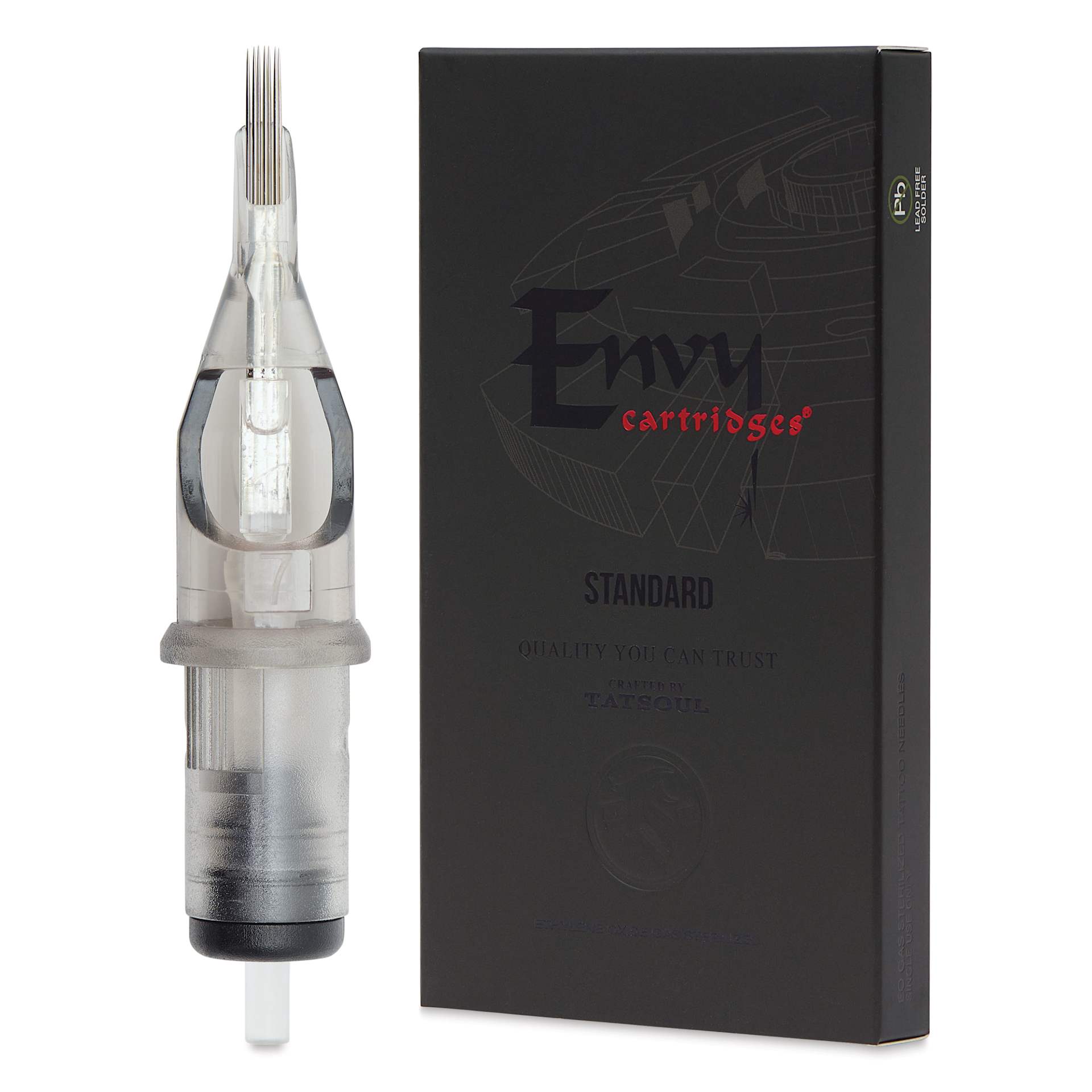TatSoul Envy Standard Curved Magnum Long Taper Tattoo Needle Cartridge - #12, 7 Needles, Pkg of 10, needle and packaging