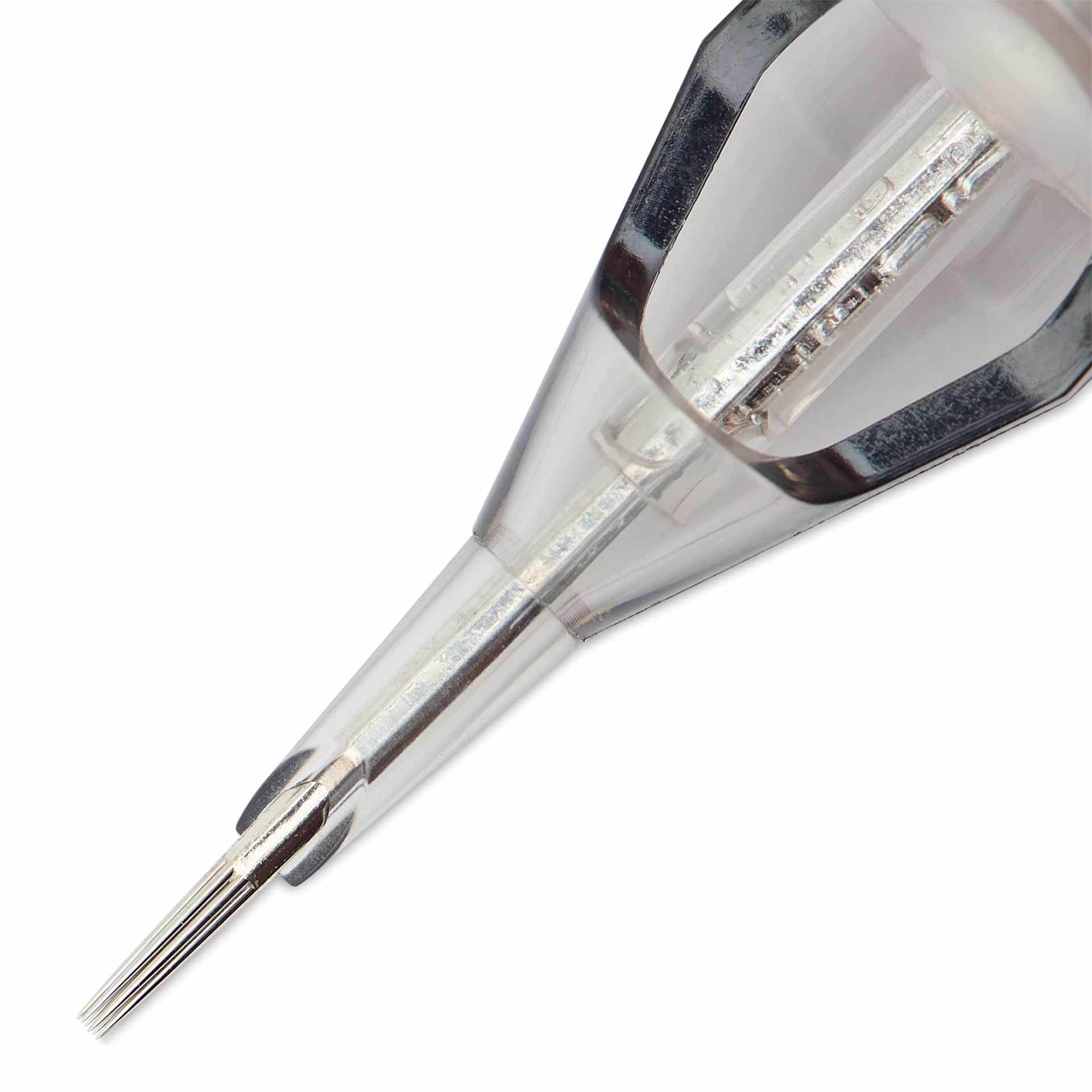 TatSoul Envy Standard Round Liner Long Taper Tattoo Needle Cartridge - #12, 9 Needles, Pkg of 10, close-up of needle