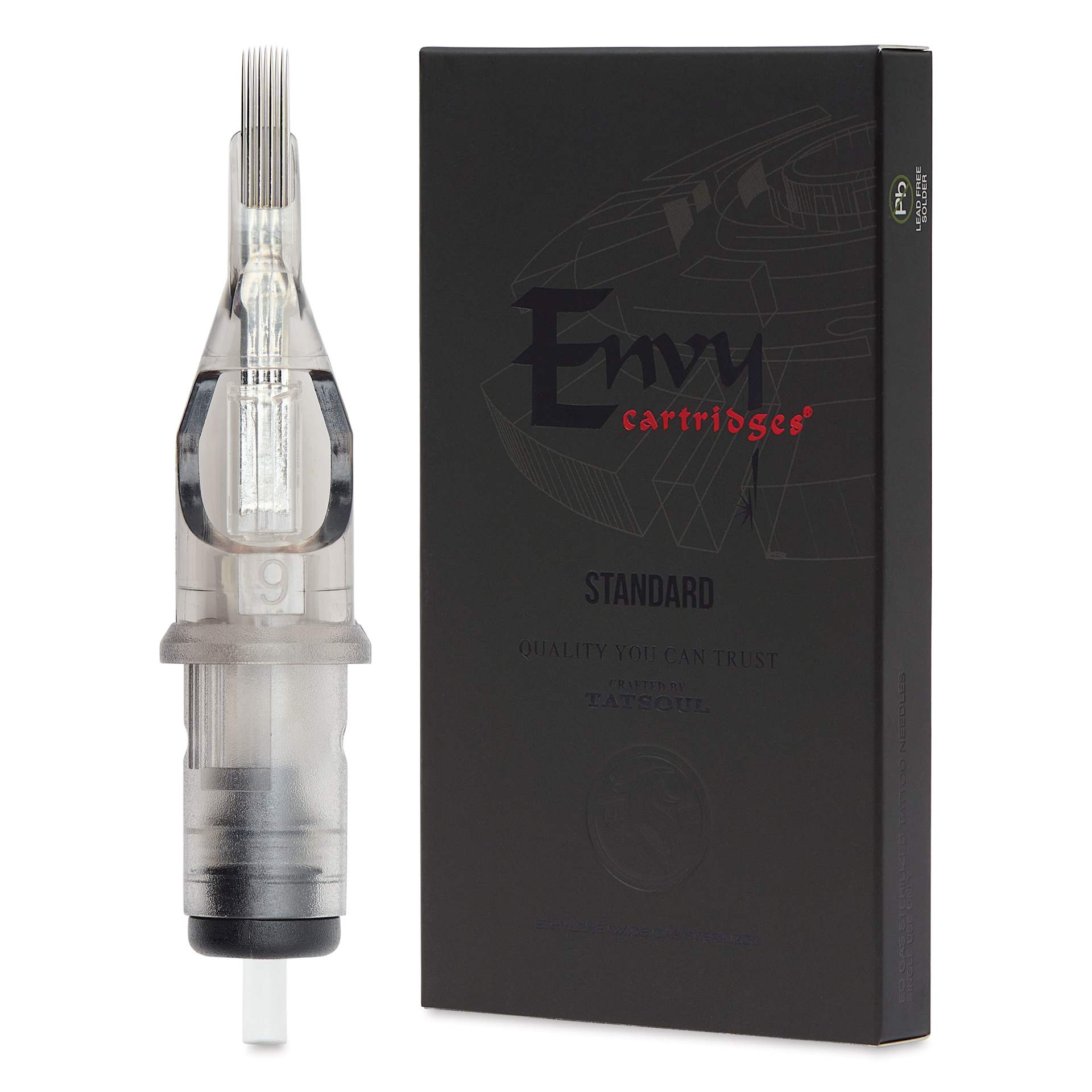 TatSoul Envy Standard Curved Magnum Long Taper Tattoo Needle Cartridge - #12, 9 Needles, Pkg of 10, needle and packaging