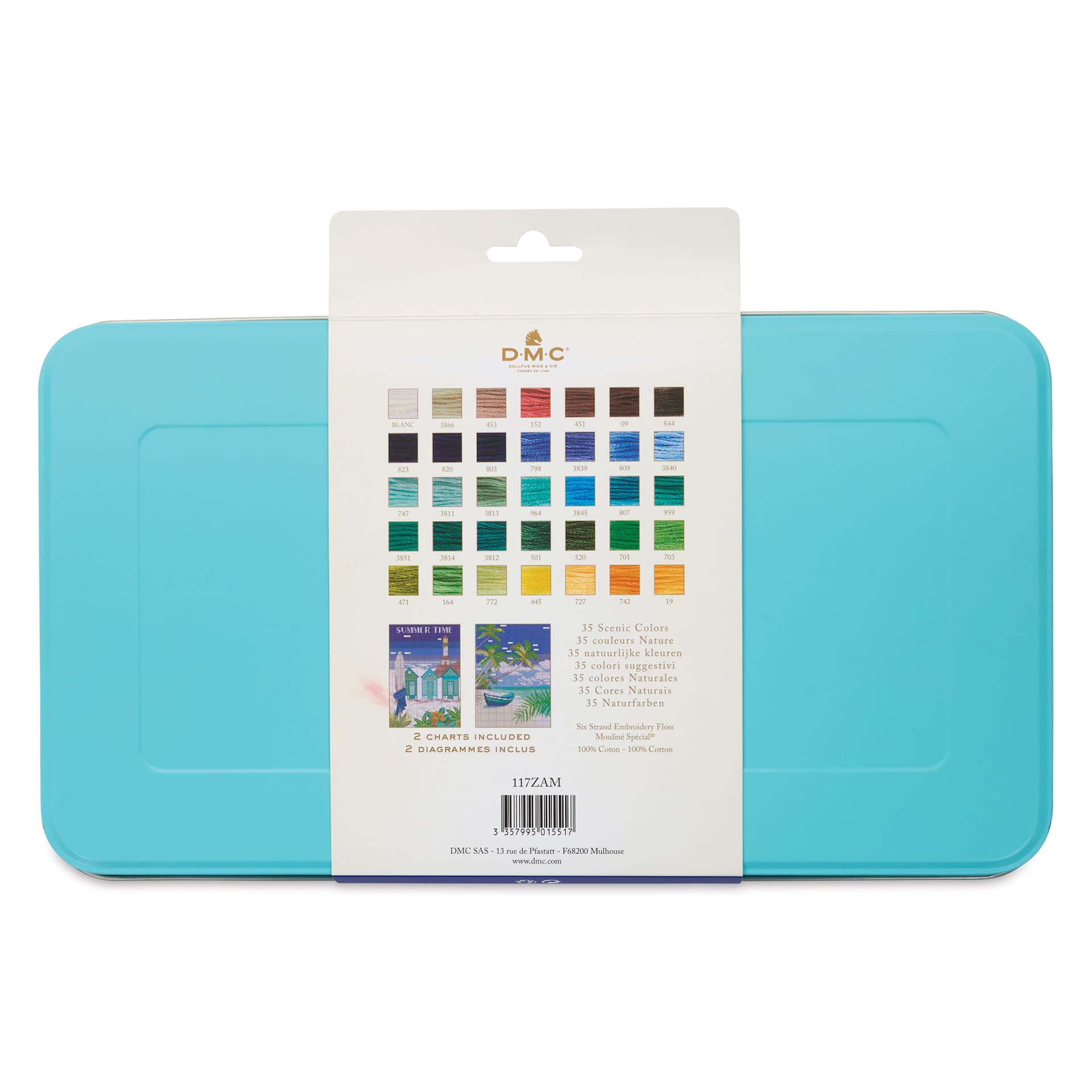 DMC Mouliné Special Collector’s Blue Tin Embroidery Floss - Set of 35, Scenic Colors back of packaging