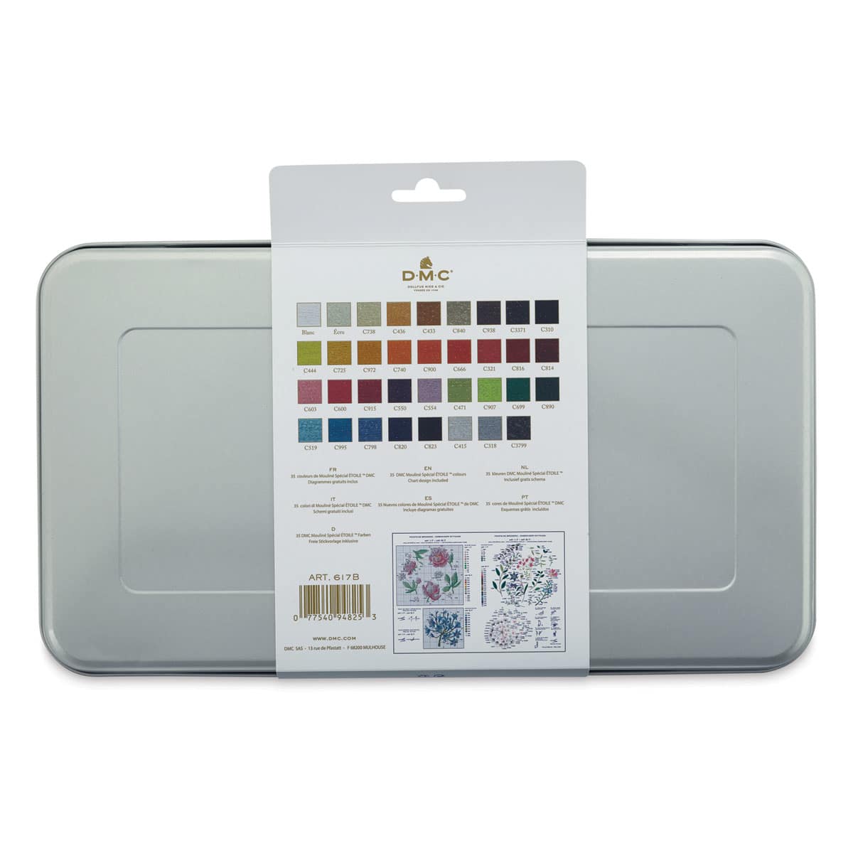 DMC Mouliné Étoile Collector’s Tin Embroidery Floss Set - Set of 35, Assorted Colors (Back of tin)