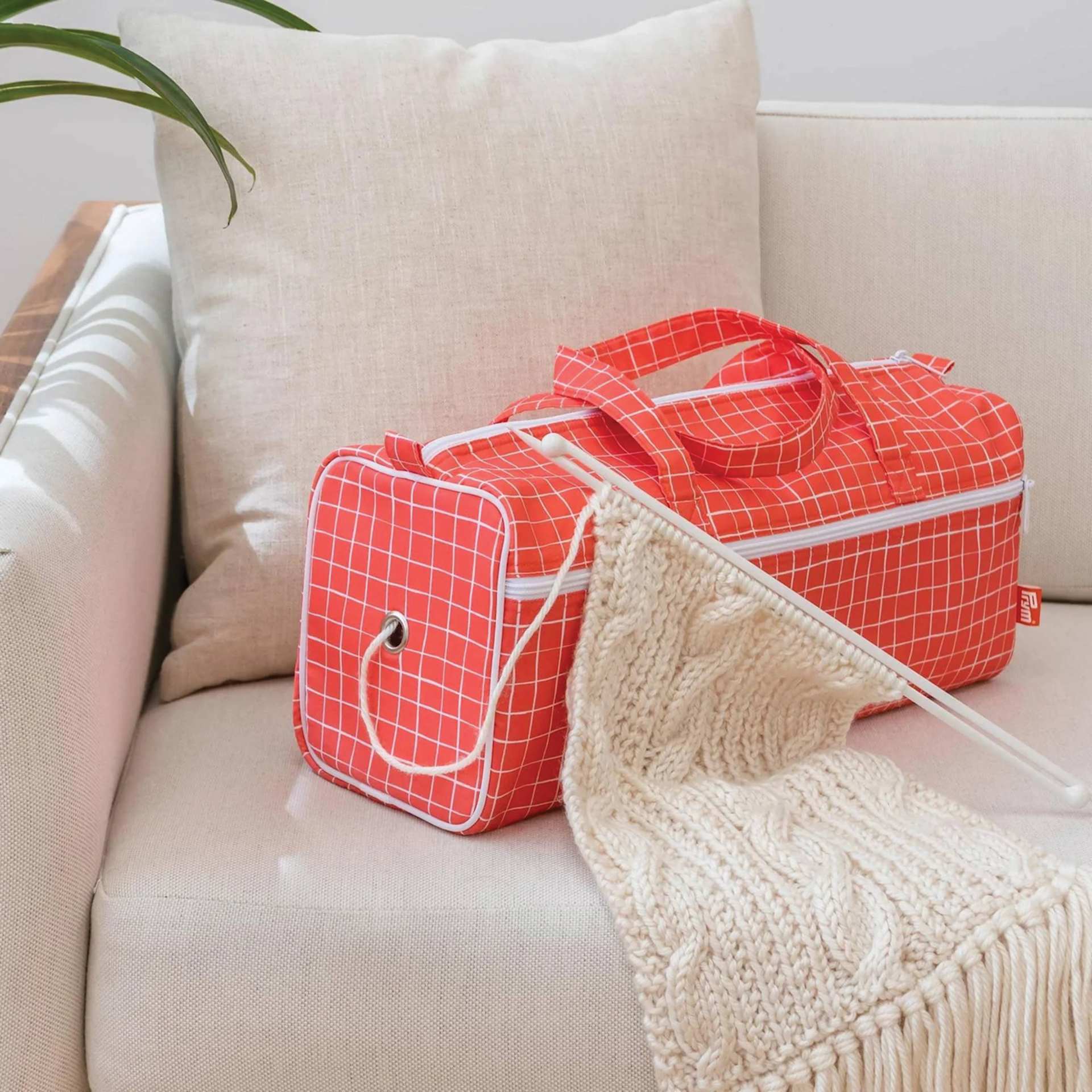 Prym Dachshund Needlework Bag - in use on couch (needles not included)