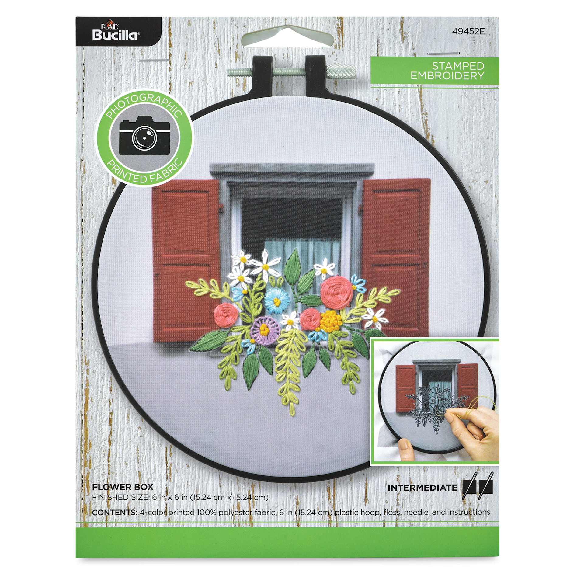 Bucilla Photographic Fabric Stamped Embroidery Kit - Flower Box front of packaging