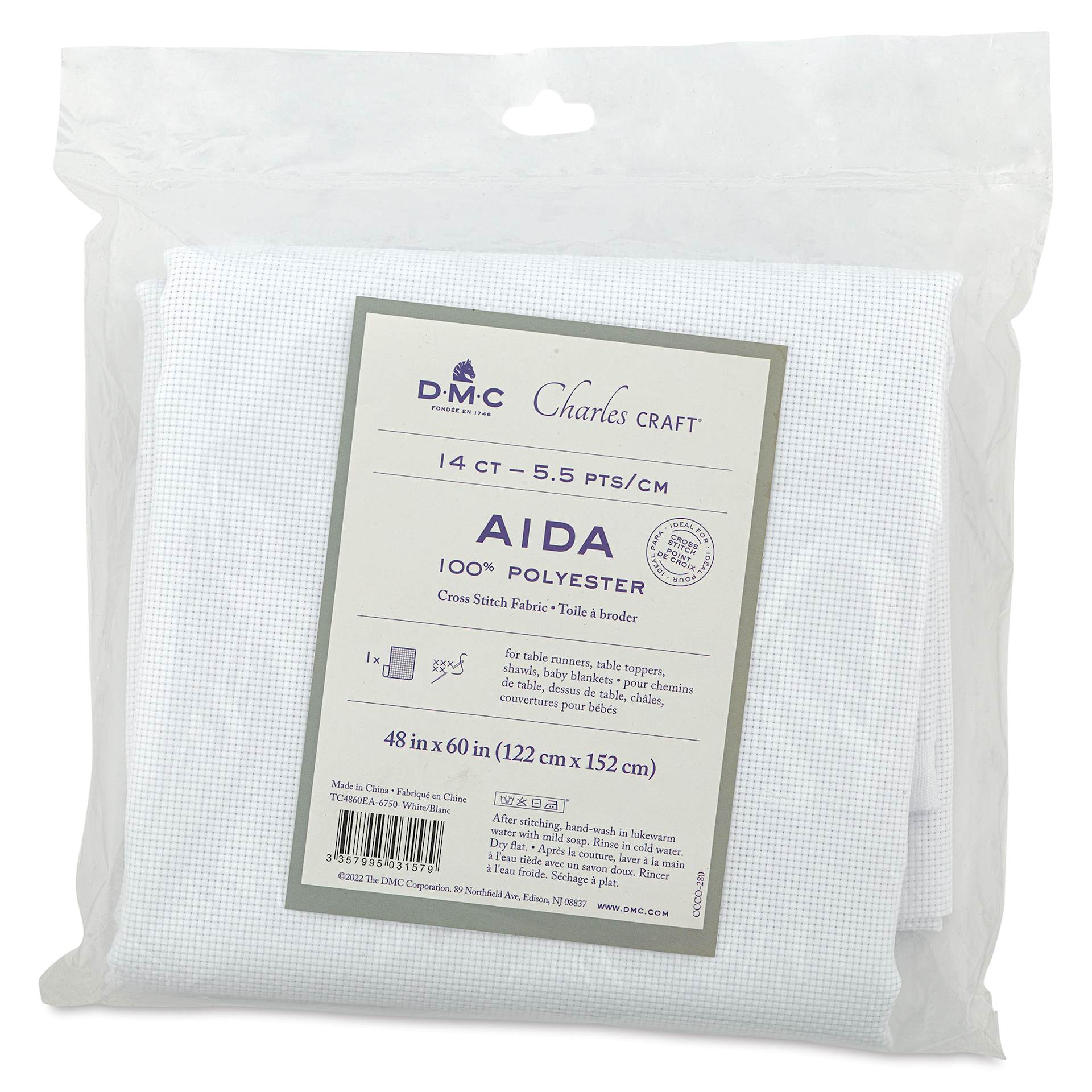 DMC Charles Craft Polyester Aida Fabric - White, 14-count, 48" x 60" front of packaging