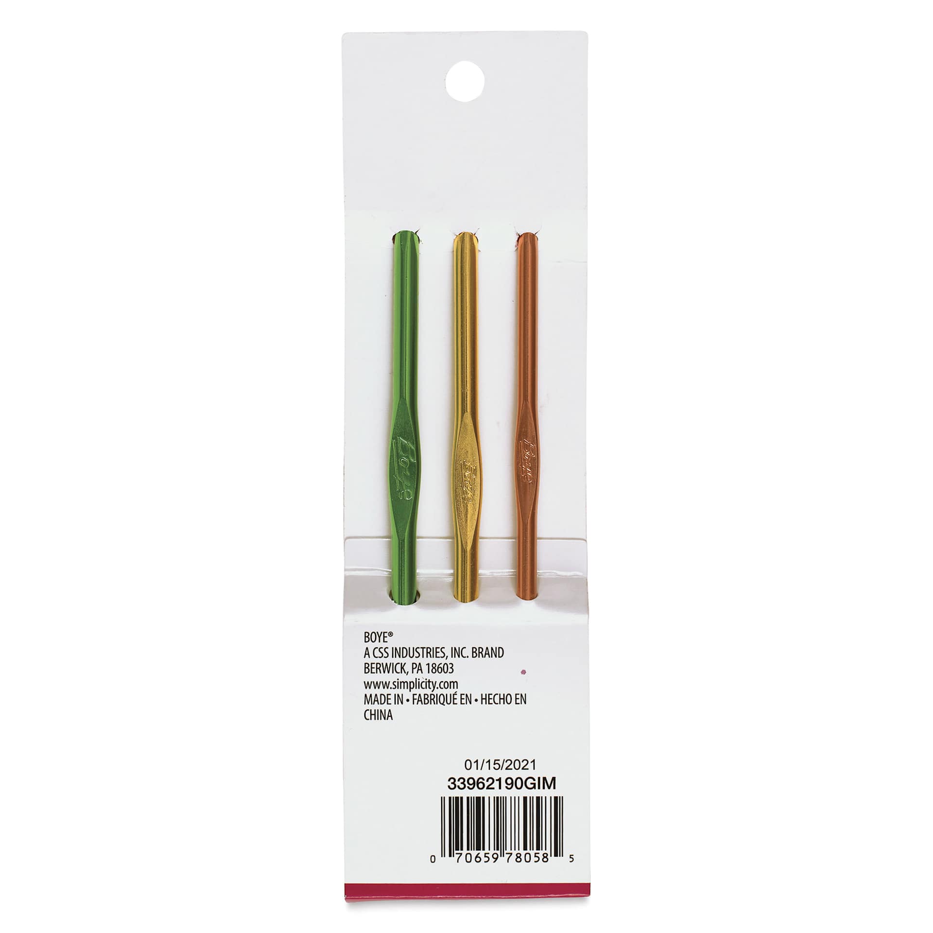 Boye Aluminum Crochet Hooks - Set of 3, US G/H/I - back of packaging
