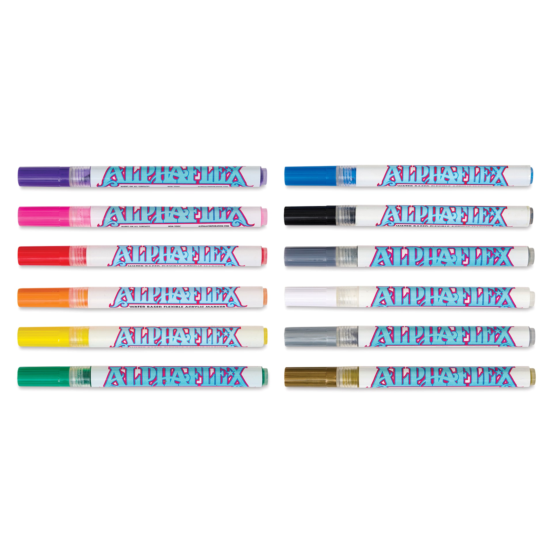 Alpha6 AlphaFlex Textile and Leather Paint Markers - Assorted Colors, 1 mm, Set of 12 markers with caps on