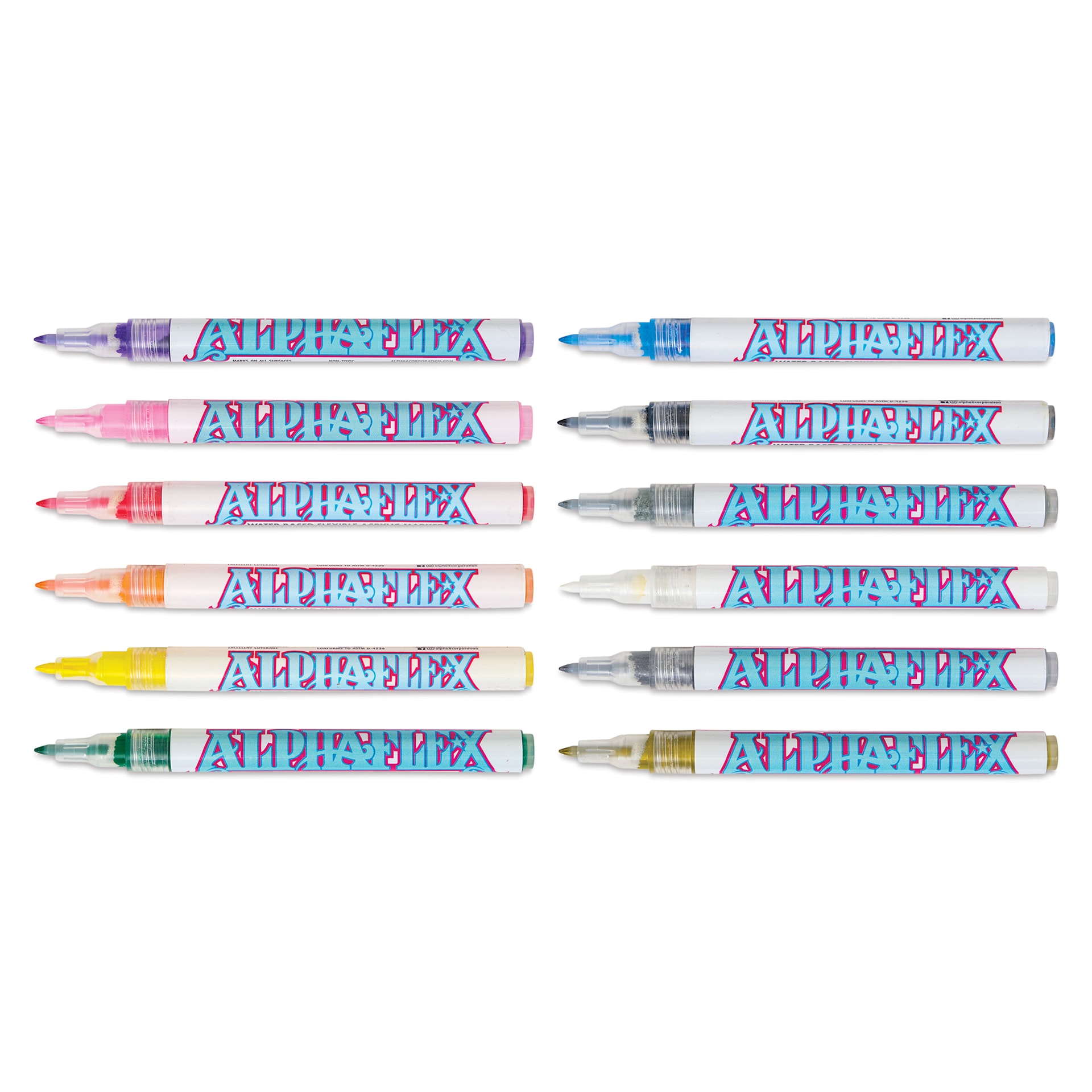 Alpha6 AlphaFlex Textile and Leather Paint Markers - Assorted Colors, 1 mm, Set of 12 markers with caps off