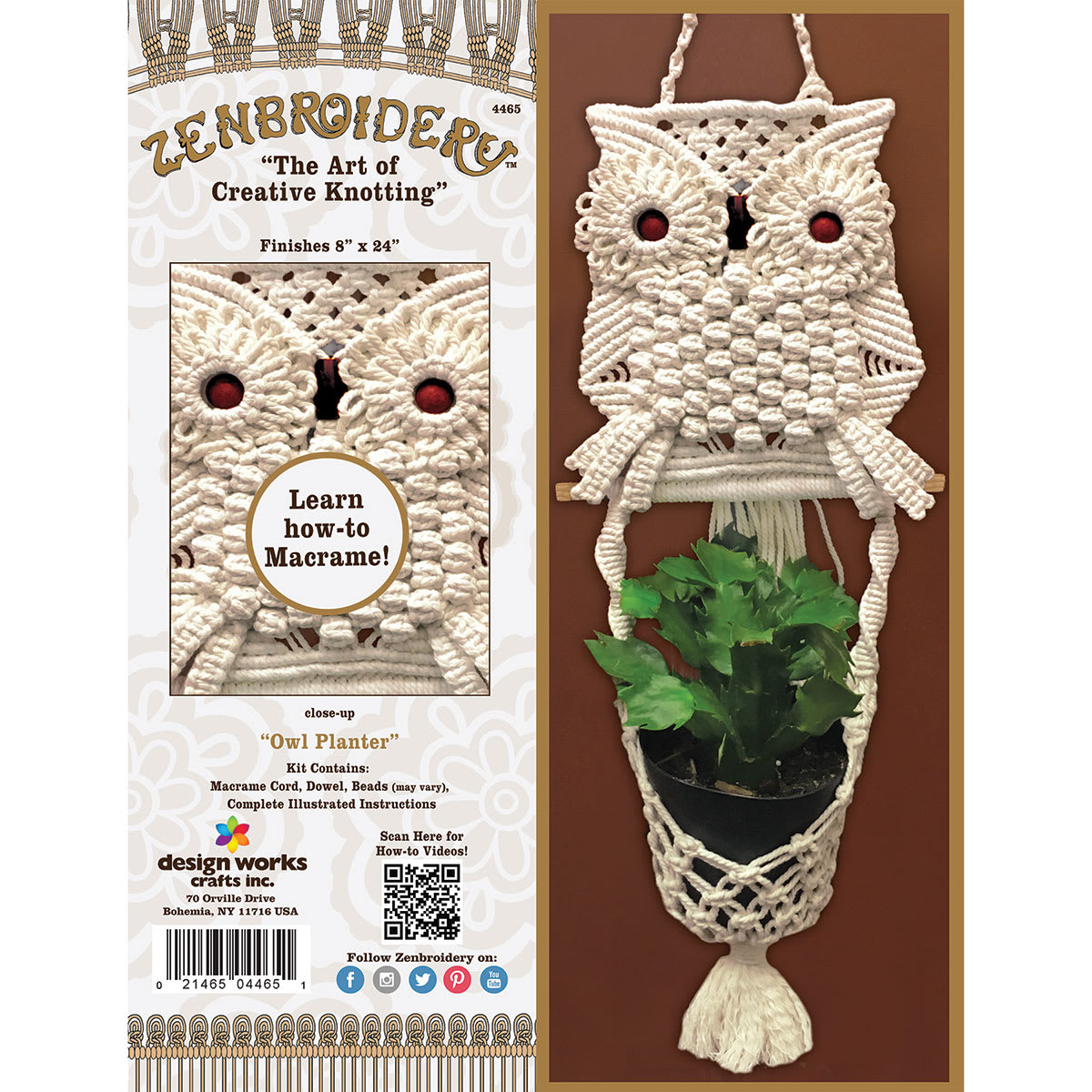 Design Works Zenbroidery Macramé Kits - Front of Owl Planter Kit package