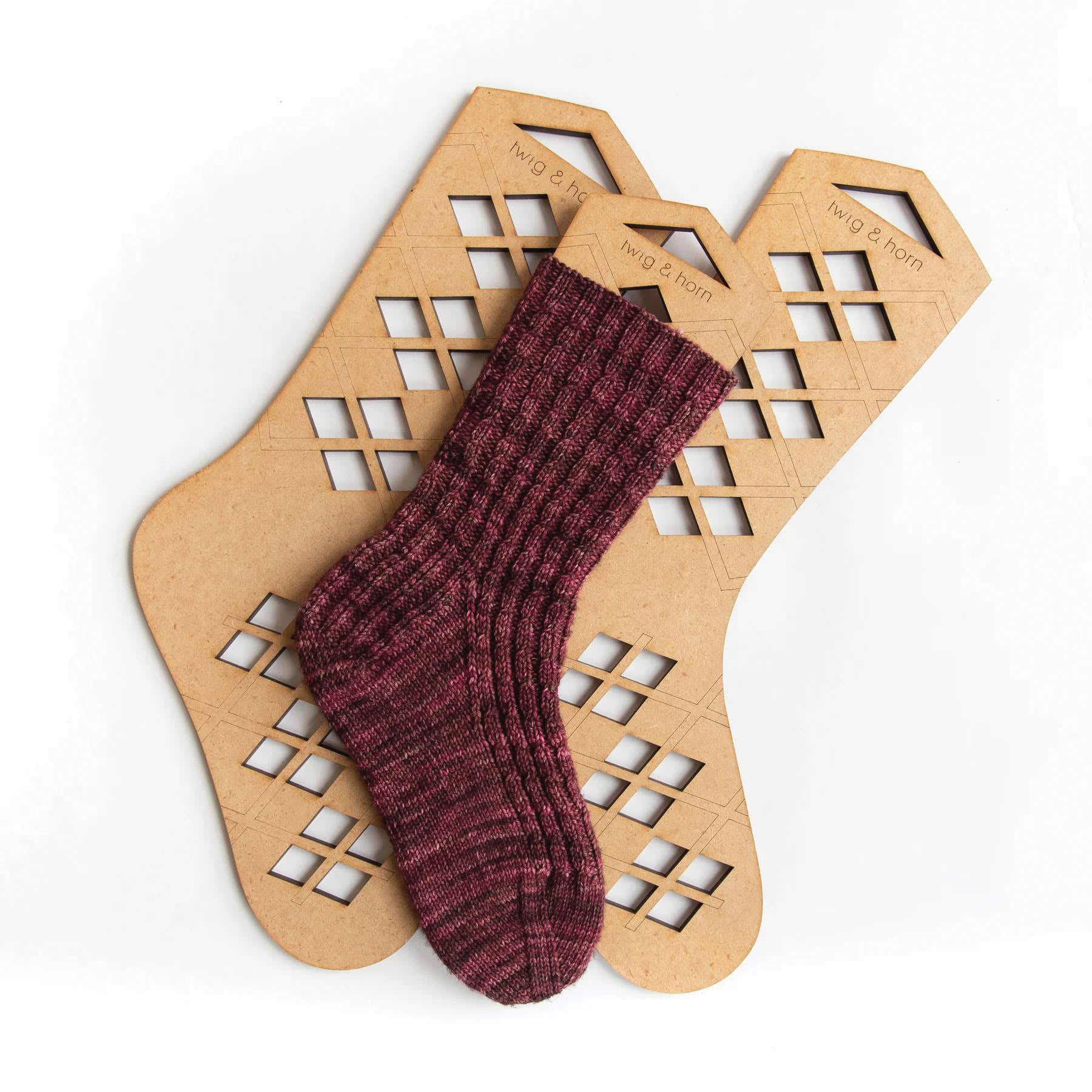 Twig & Horn Argyle Sock Blockers with finished sock project