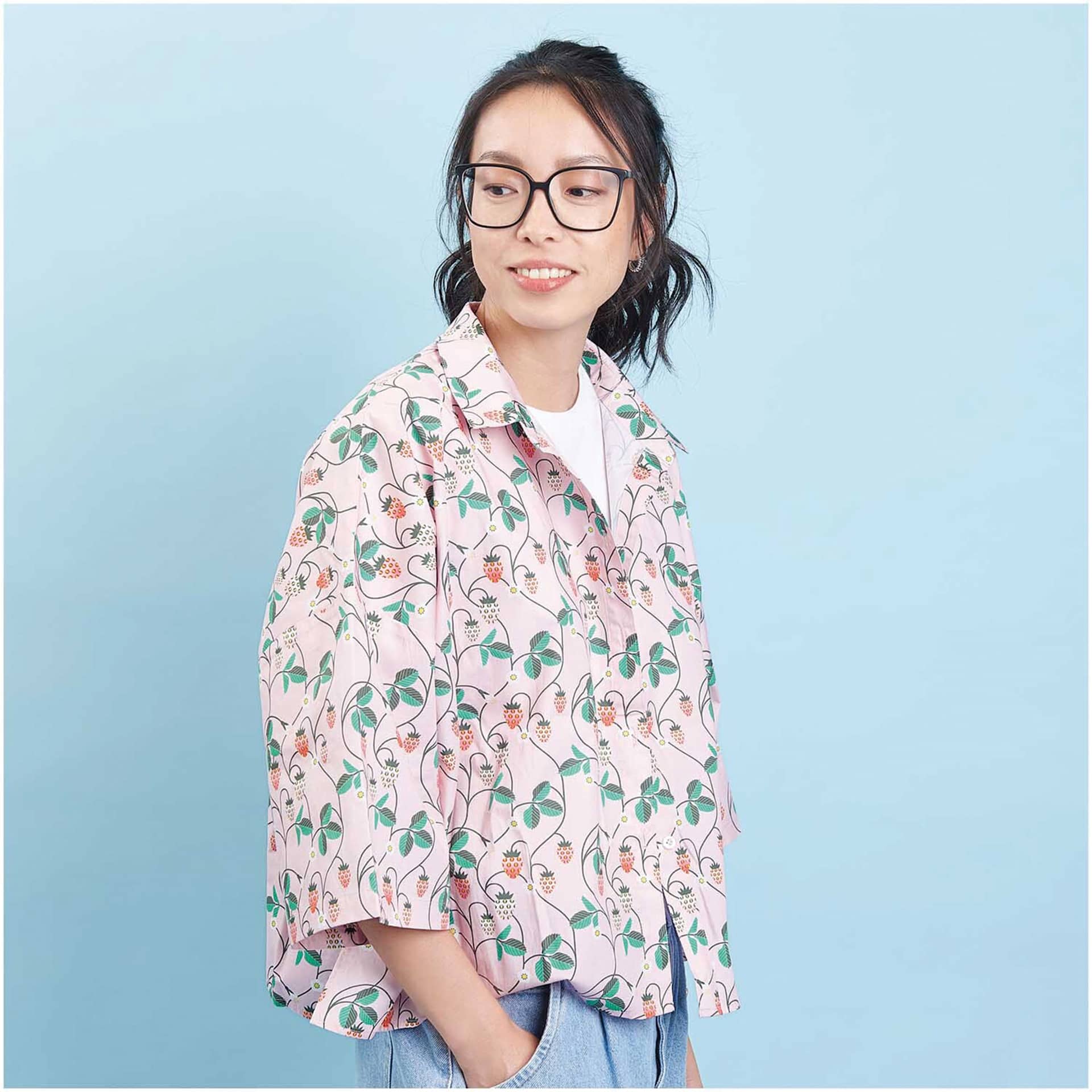 Rico Design Cotton Poplin Fabric - Pink Strawberries, 50 cm x 140 cm completed button up shirt project