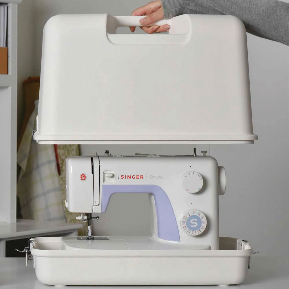 Singer Universal Hard Case - White showing sewing machine inside case (sewing machine not included)