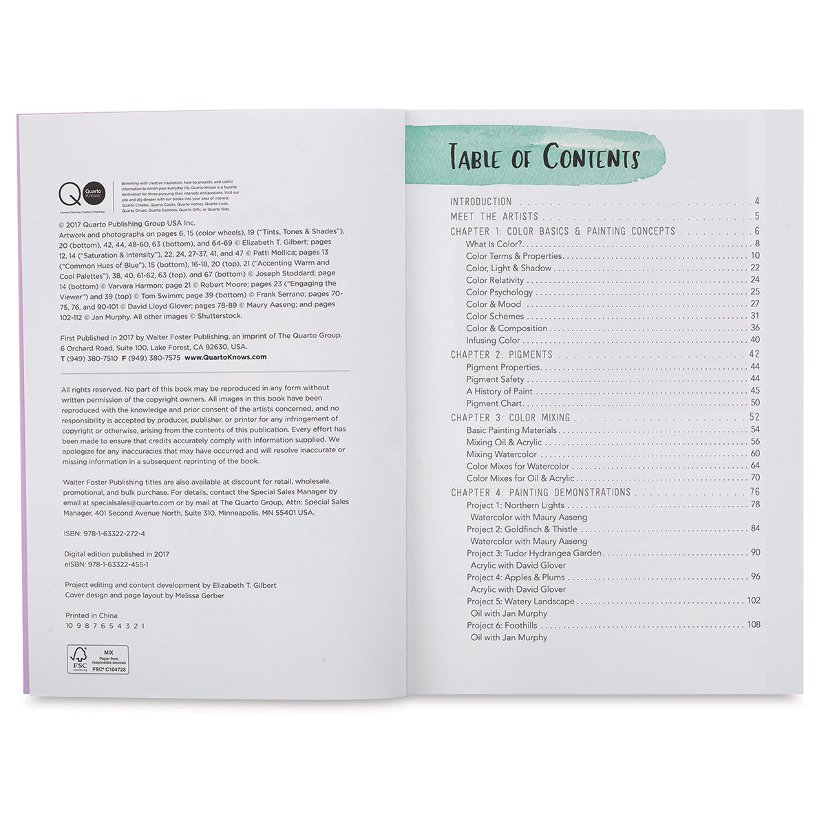Artist Toolbox: Color - Inside spread of Table of Contents
