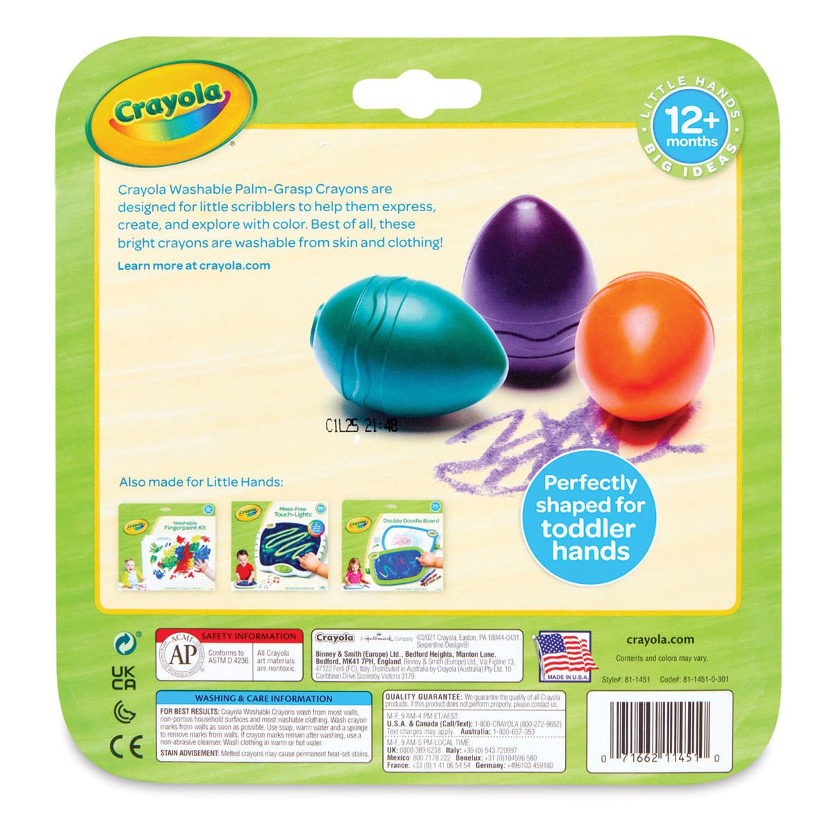 Crayola Young Kids Palm-Grasp Crayons - Back of package of 6 crayons