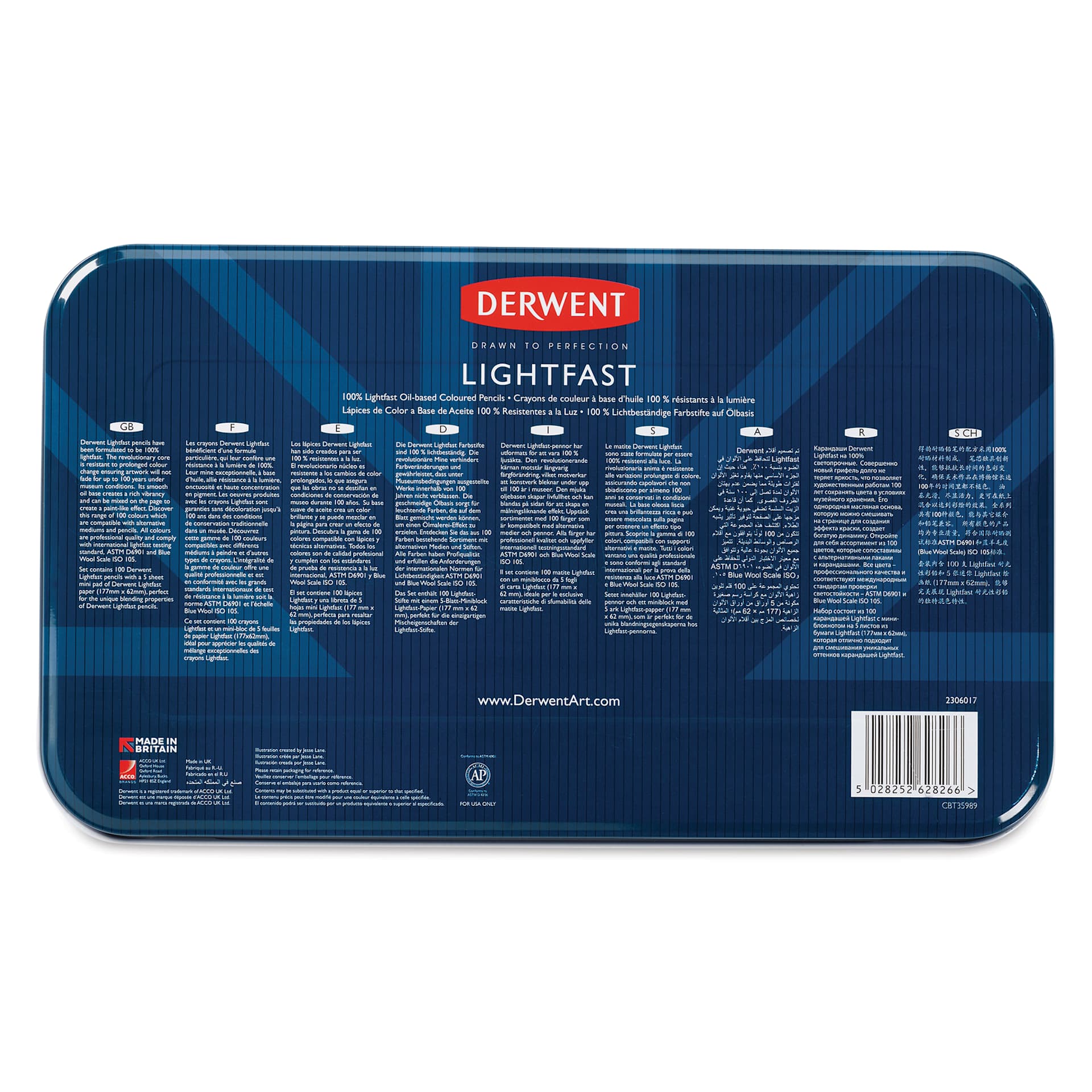 Derwent Lightfast Colored Pencils - Tin Box Set of 100 (back of metal box)