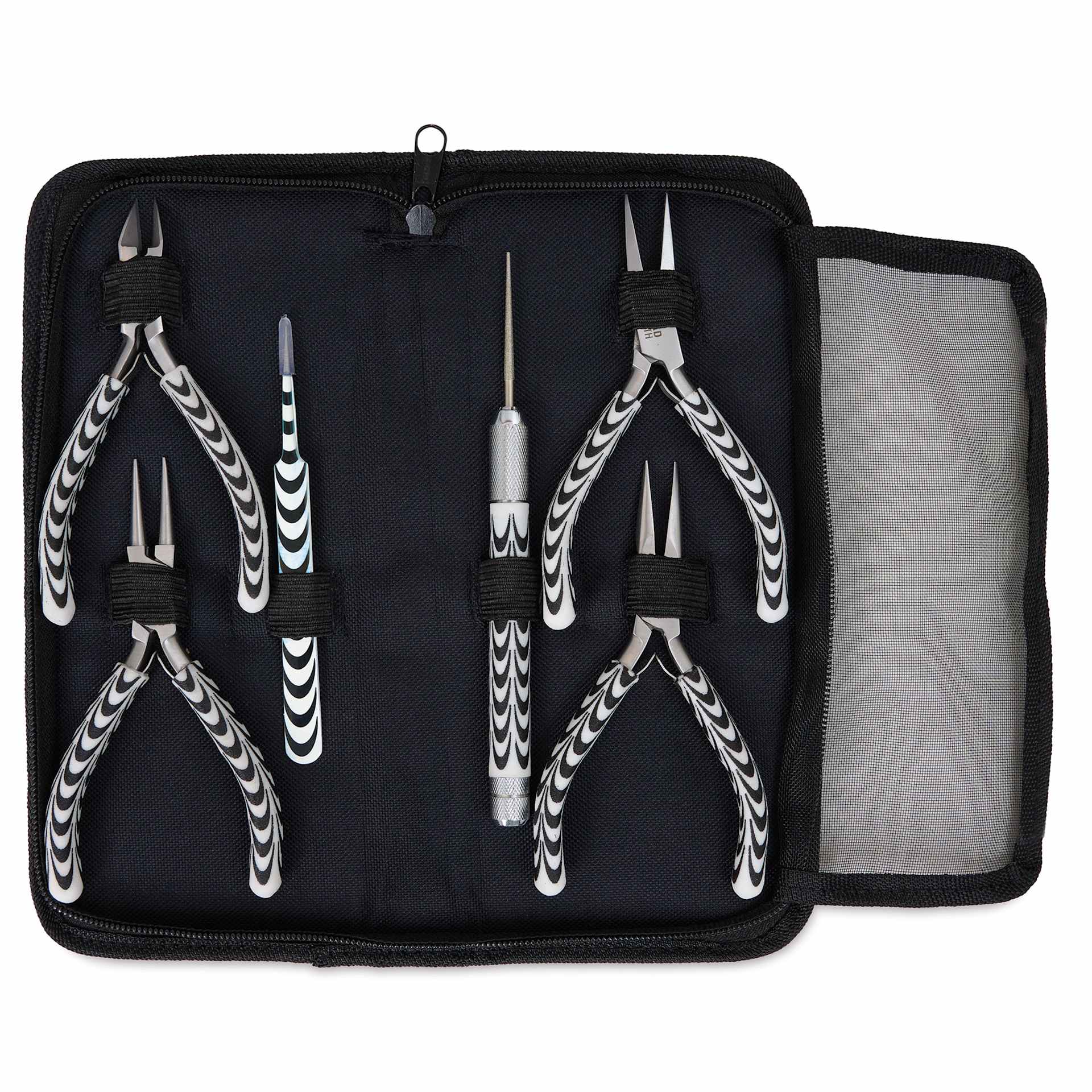 Beadsmith Zebra Tool Kit - Set of 6, carrying case opened displaying contents