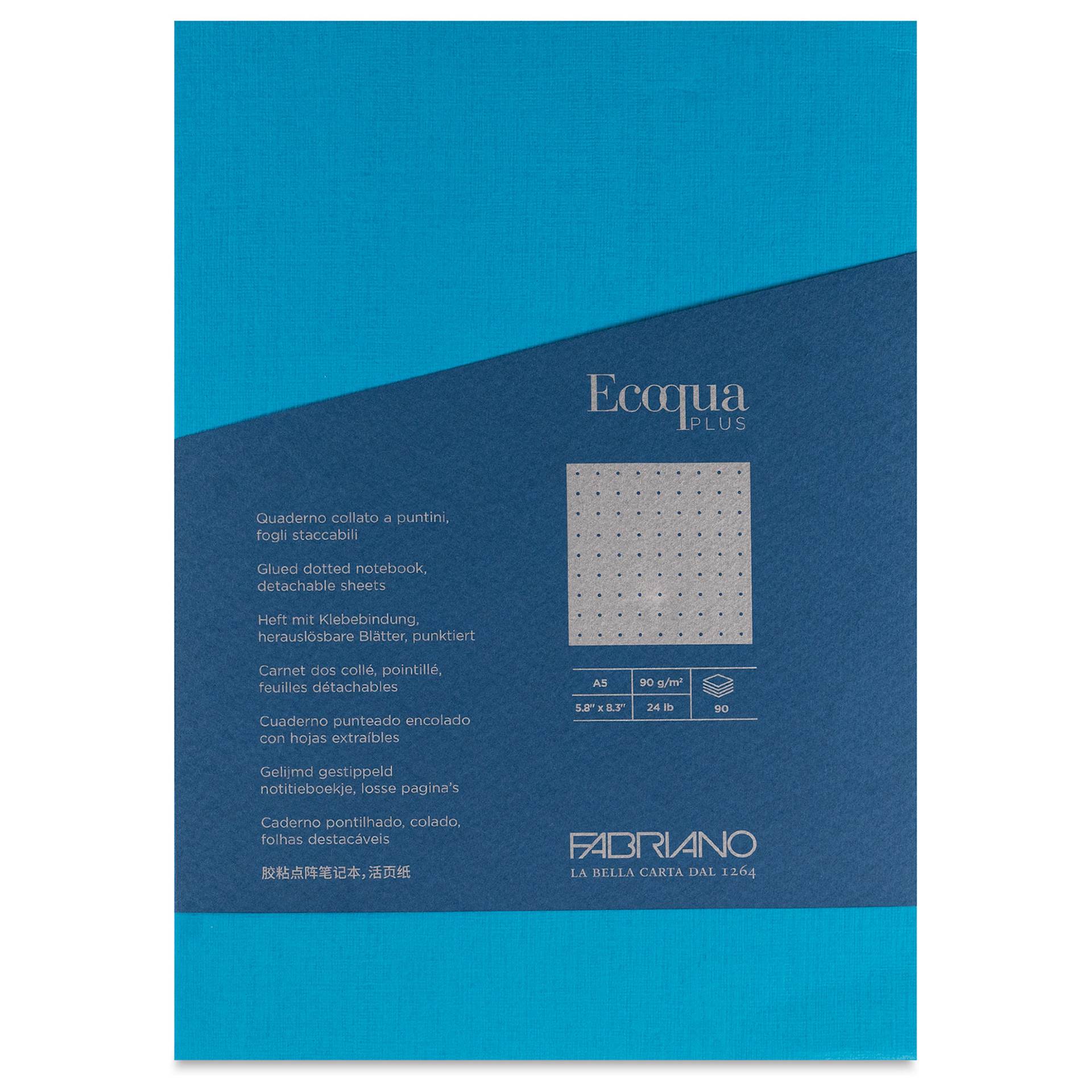 Fabriano Ecoqua Plus Glue-Bound Notebook - Turquoise, 5-4/5" x 8-1/4", Dot Grid, front cover