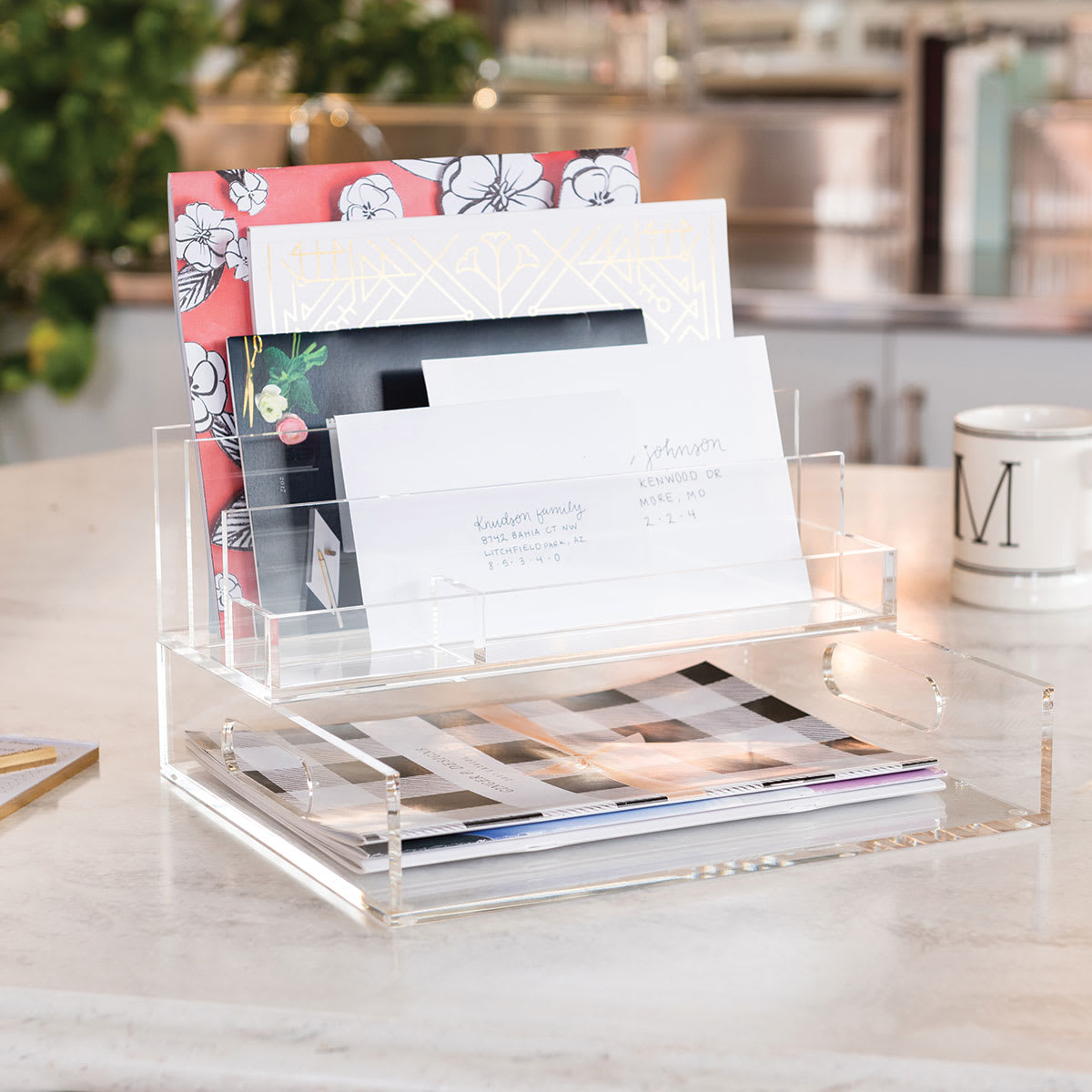 Russell and Hazel Acrylic Desk Accessories (Acrylic Collator and Valet stacked on Inbox)