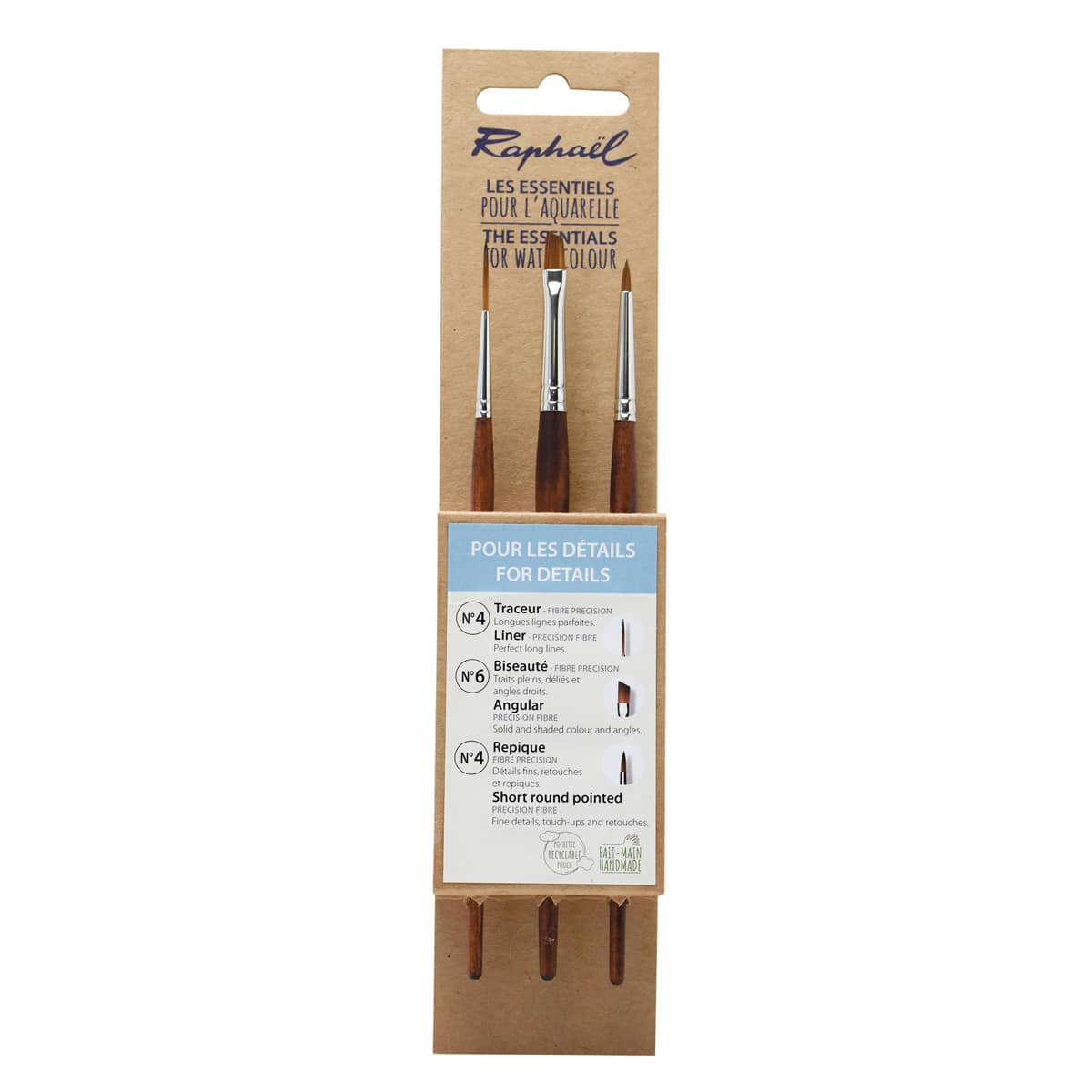 Raphael Essentials Acrylic & Watercolor Brush Set, Watercolor, 3-Brush Set, For Details, Precision Liner 4, Angular 6, & Short Round Pointed 4
