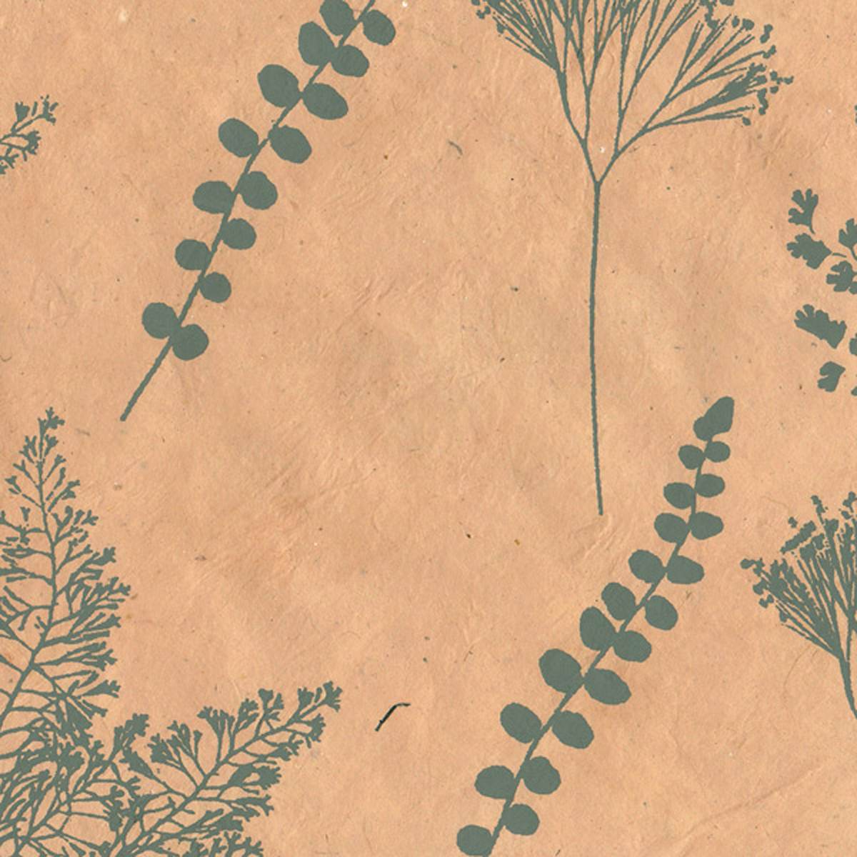 LAMALI Decorative Lokta Paper, 20 in x 30 in, Botanic, Peach, Sage Silkscreen